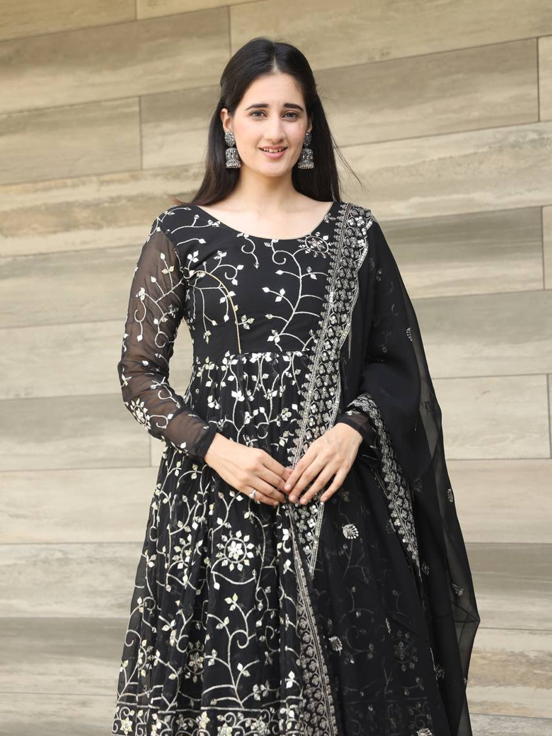 Elegant Black Designer Georgette Anarkali Dress with Intricate Embroidery - Perfect for Weddings, Parties & Special Occasions
