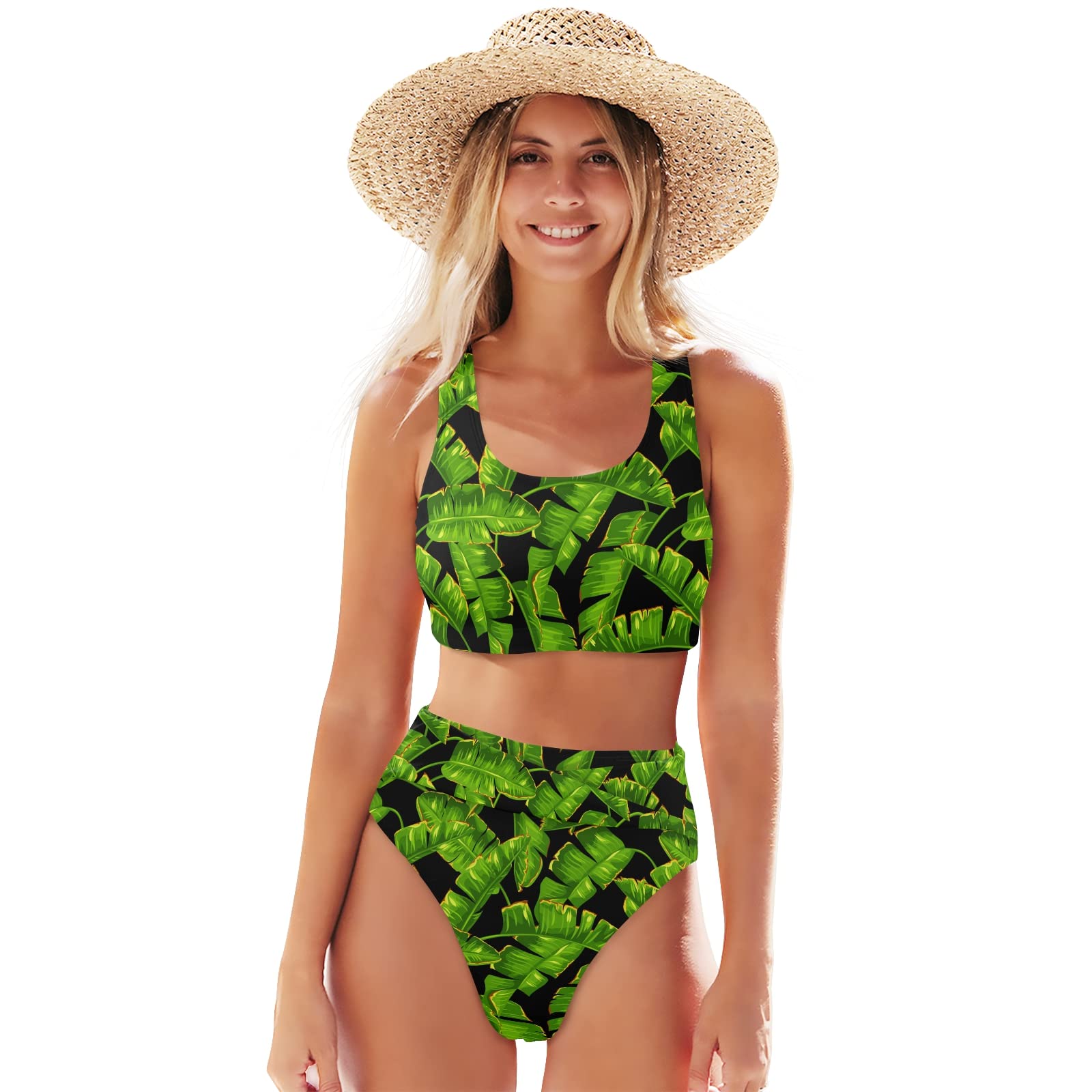 Women's Two Piece Bikini Set - Tropical Banana Leaf Print Sports Swimwear for Swimming, Beach & Pool Party | High Waist Bathing Suits for Women