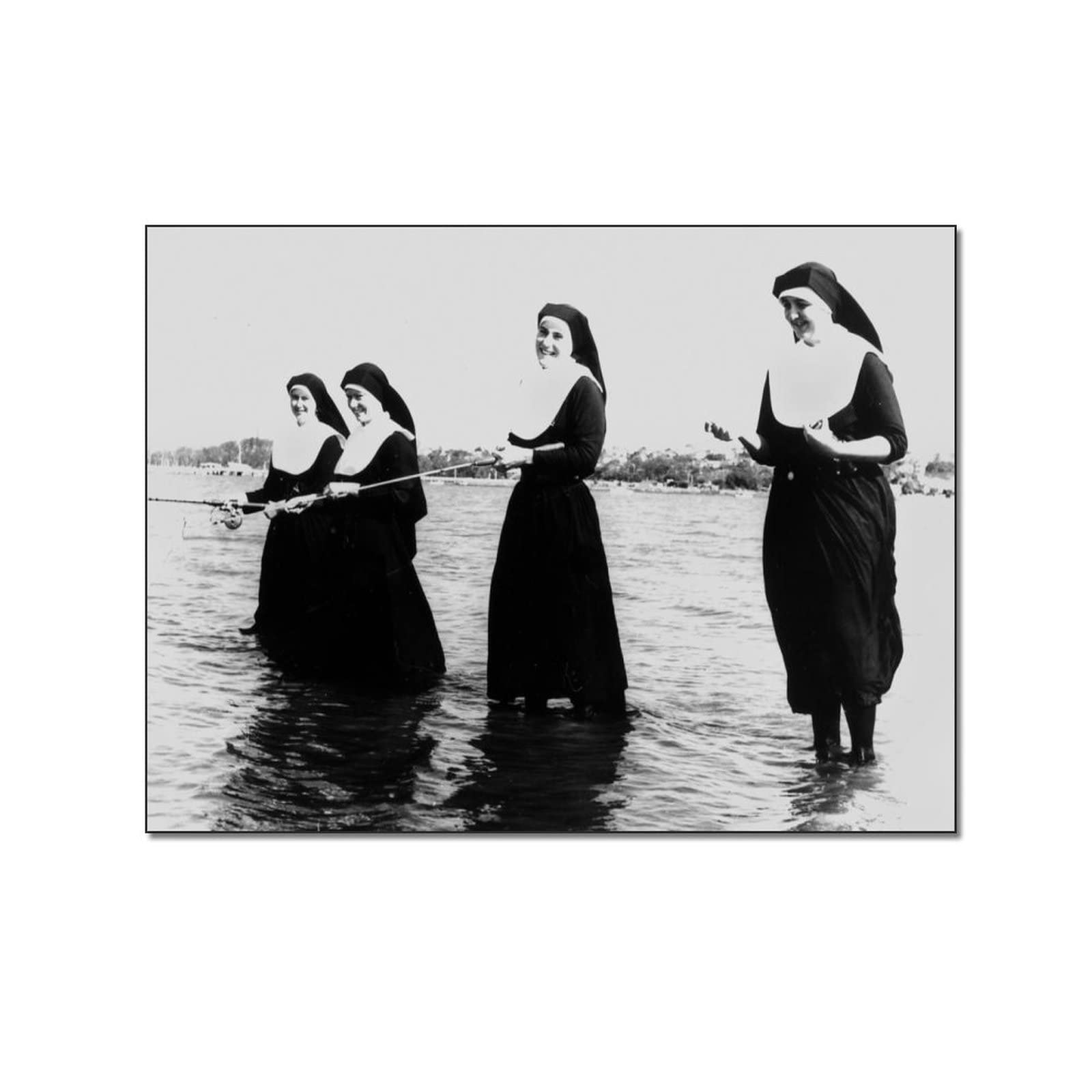 Black and White Photo of Four Nuns - Canvas Wall Art Poster 24x36 Inch (60x90cm) for Room Aesthetic Decor, Framed Wall Painting Gift for Home, Office, or Dormitory - Perfect for Living Room, Bedroom, and Studio Wall Decor