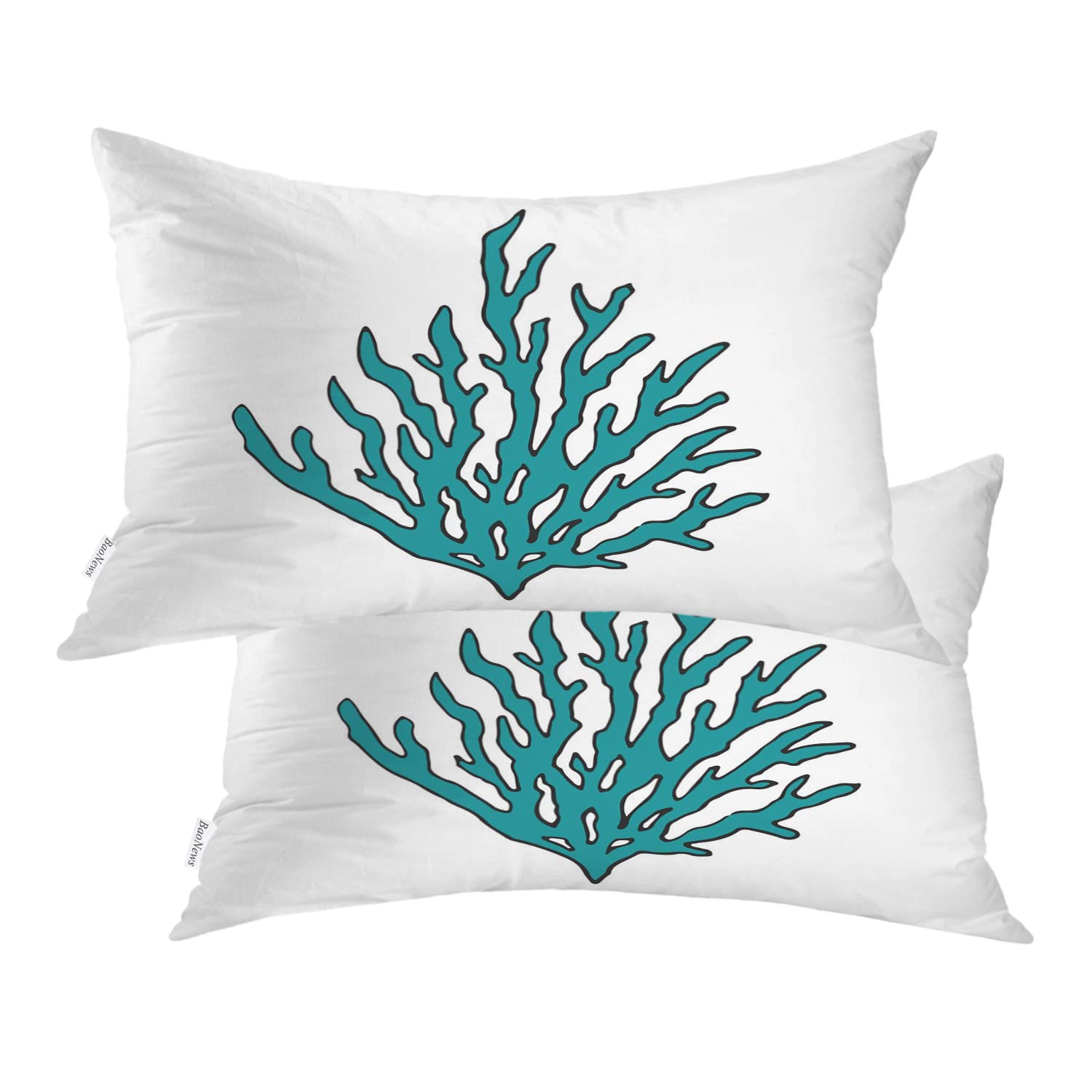 Nautical Decorative Pillow Covers 12x20 Inch - Blue Coral & Seaweed Cartoon Design Cotton Lumbar Cushion Cases for Sofa, Bed, Boat & Beach House Decor