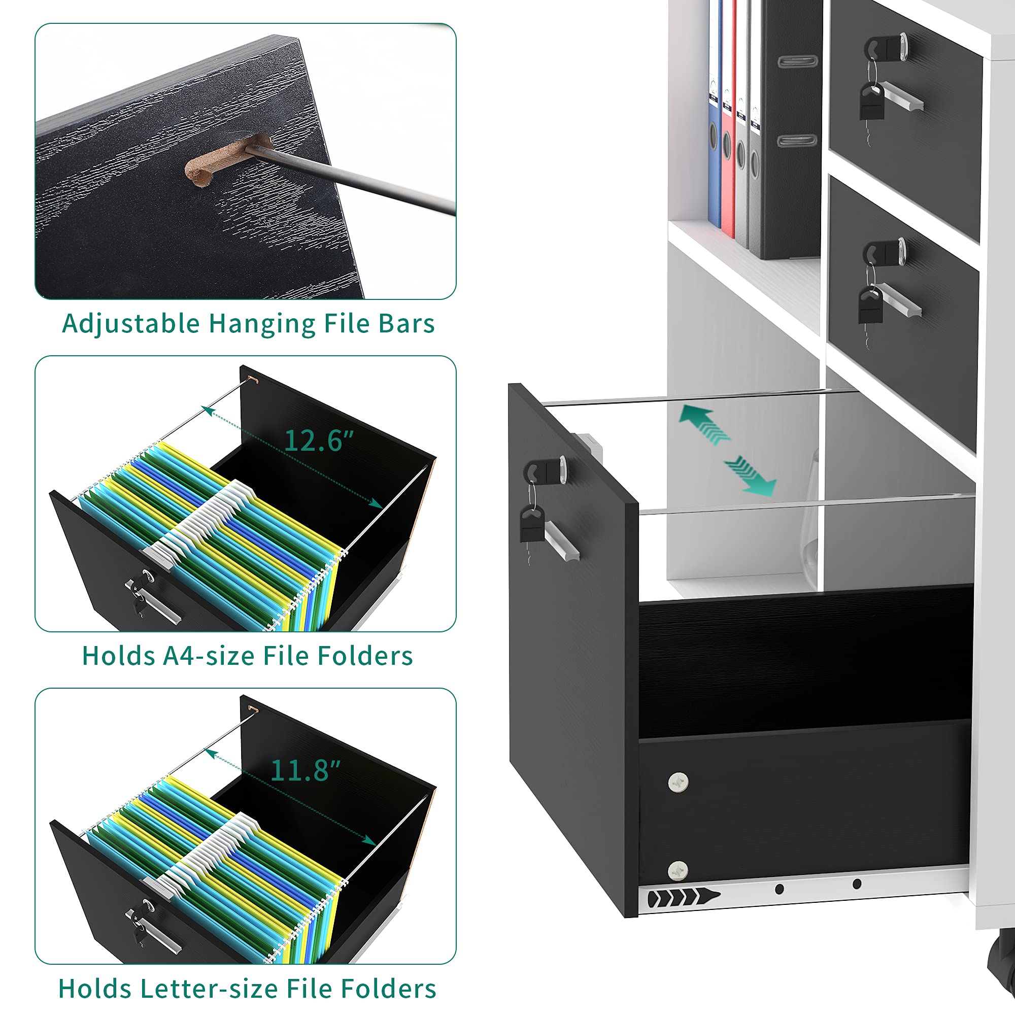 YITAHOME 3-Drawer Wood File Cabinet with Wheels, Mobile Lateral Storage Cabinet & Printer Stand - 35