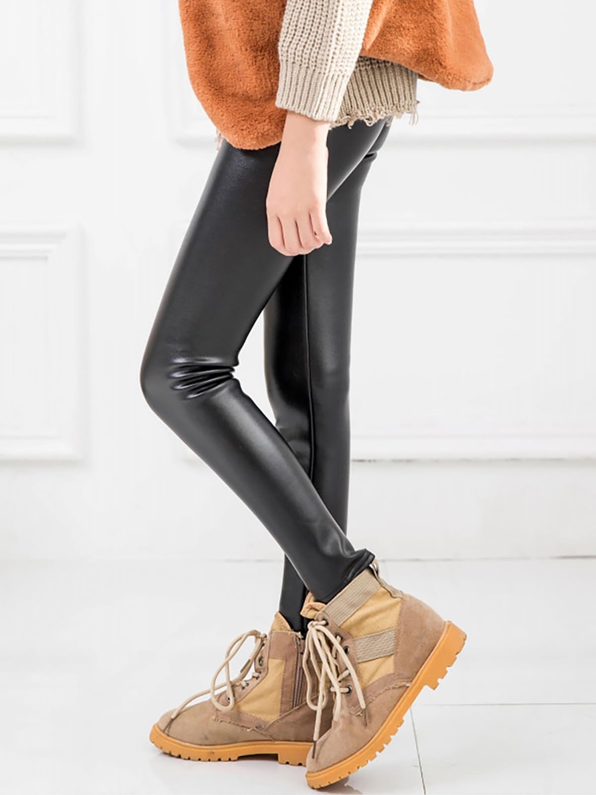 LOLANTA Girls Faux Leather Pants - Winter Fleece Lined Leggings for Kids, Stretchy Fashion Trousers - Perfect for School, Playdates & Holiday Outfits