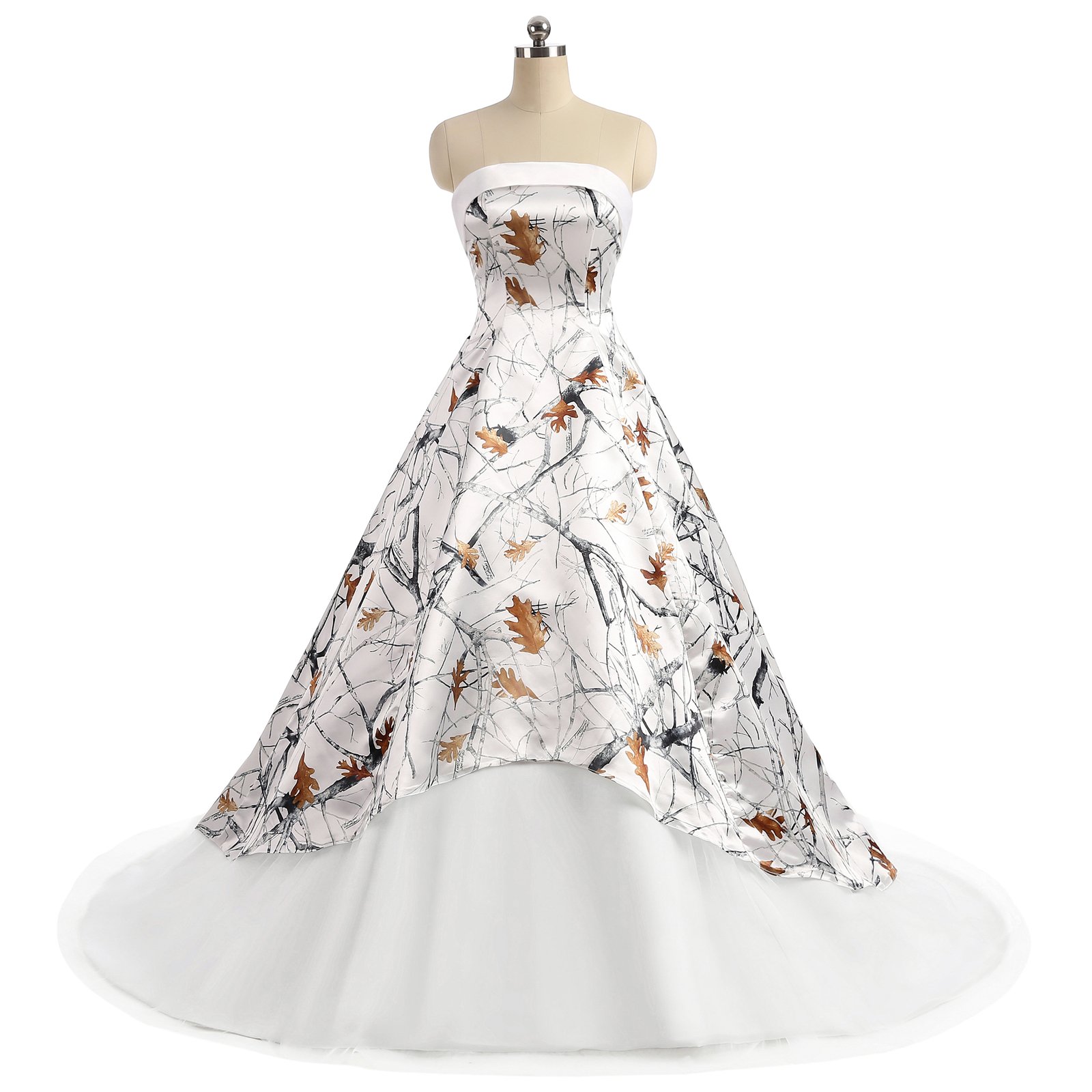 Elegant White Camo Wedding Dress for Bride - Strapless A-Line Formal Gown with Lace Details | Perfect for Beach, Outdoor & Boho Chic Weddings