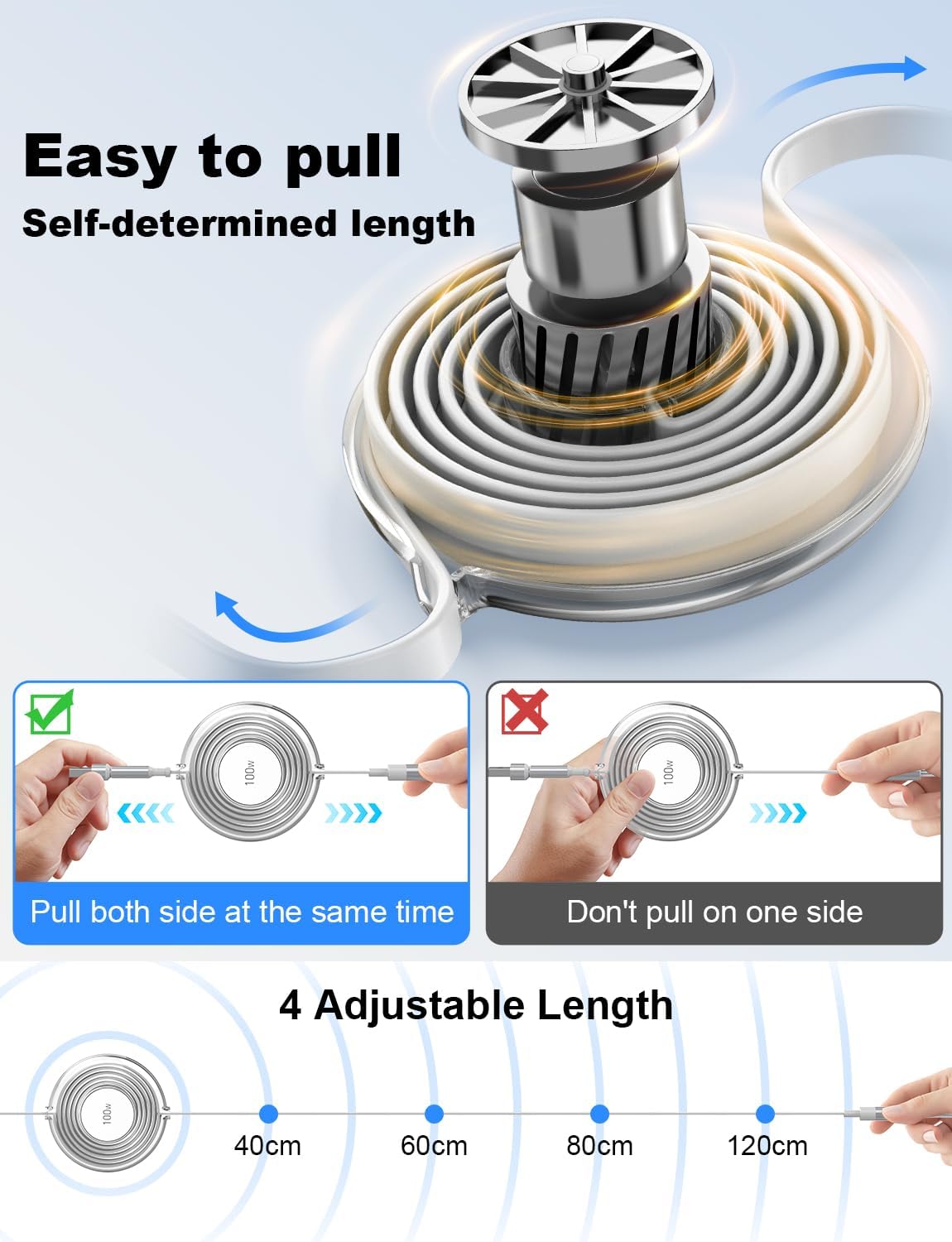 3-in-1 Retractable Charging Cable 100W Fast Charge - USB-C to Lightning/Type-C/Micro - Compatible with iPhone 15, Samsung Galaxy, MacBook, iPad Pro - Portable Travel Charger for Home, Office & Car Use
