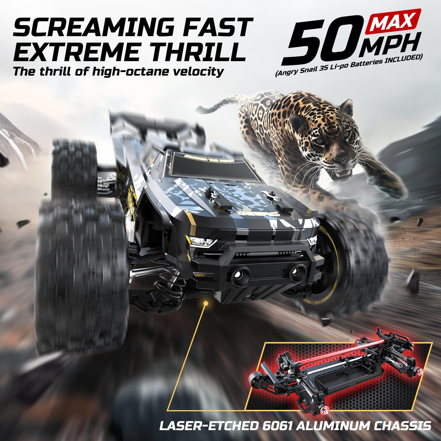 DEERC 1:14 Scale Fast Brushless RC Cars for Adults & Kids, 50+ MPH High Speed, 4x4 Waterproof Off-Road Remote Control Truck with 2x 3S LiPo Batteries - All Terrain RC Truggy for Snow, Sand, Mud, Racing & Outdoor Adventure