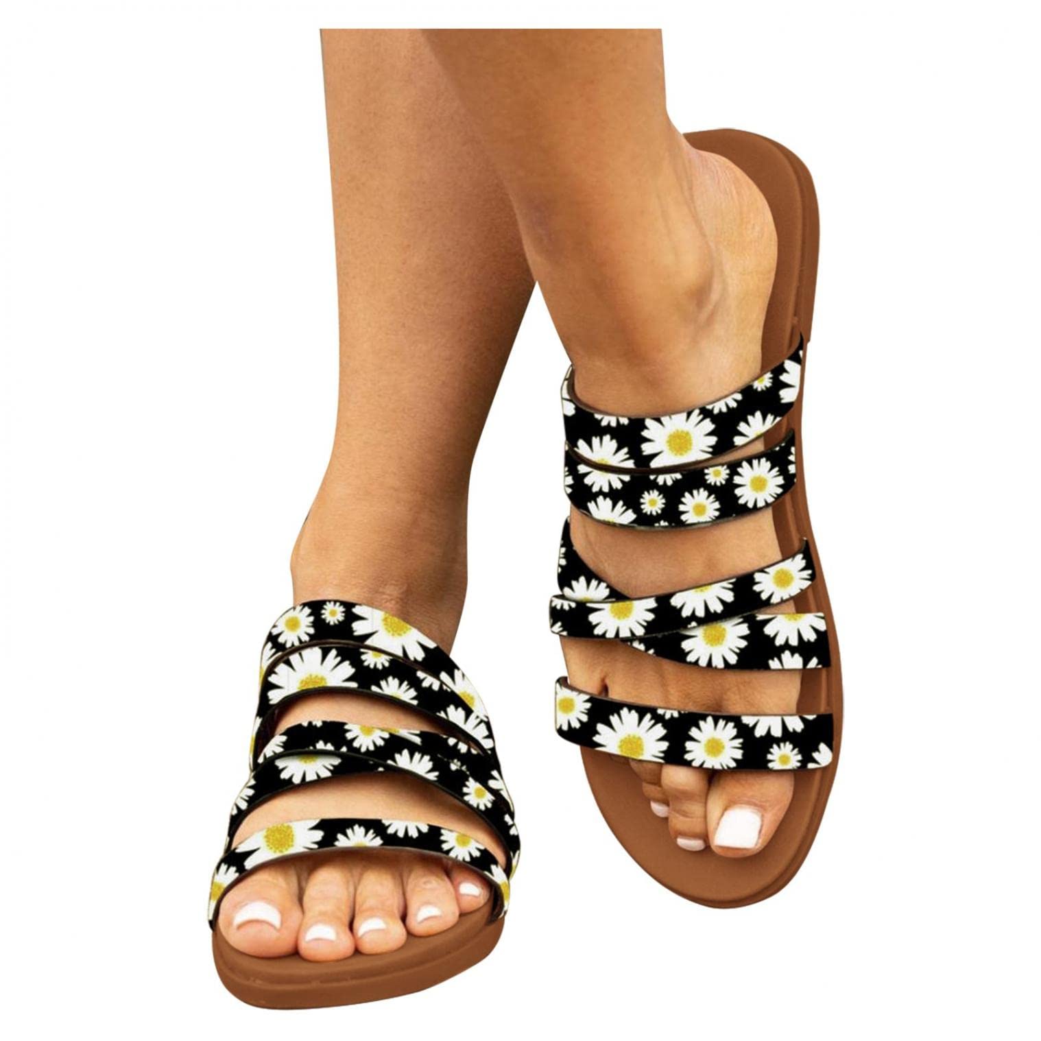 Women's Strappy Summer Gladiator Sandals - Breathable Slip-On Braided Floral Flat Sandals for Women | Comfortable Casual Shoes for Beach, Vacation & Everyday Wear