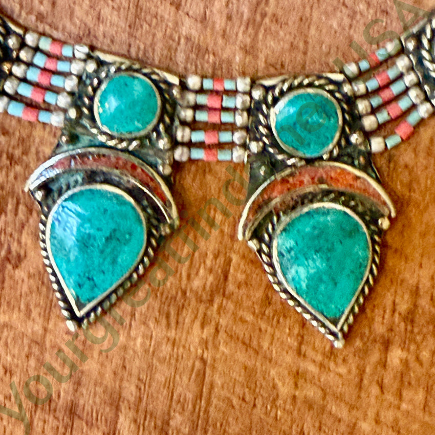 Handmade Tibetan Alpaca Silver Necklace with Turquoise & Coral Beads - Boho Chic Jewelry for Women, Perfect for Festivals, Weddings & Everyday Wear