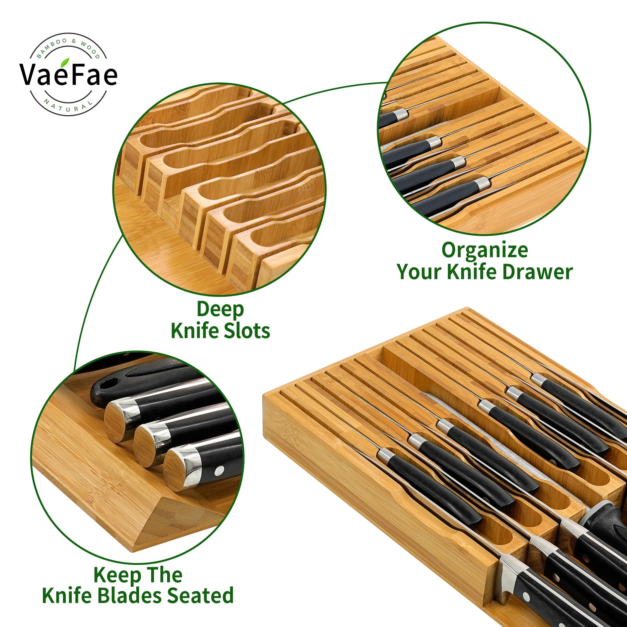 VaeFae Bamboo Drawer Organizer Set - Silverware & Knife Organizer Insert for Kitchen Utensils | Perfect for Kitchen Drawer Storage & Organization