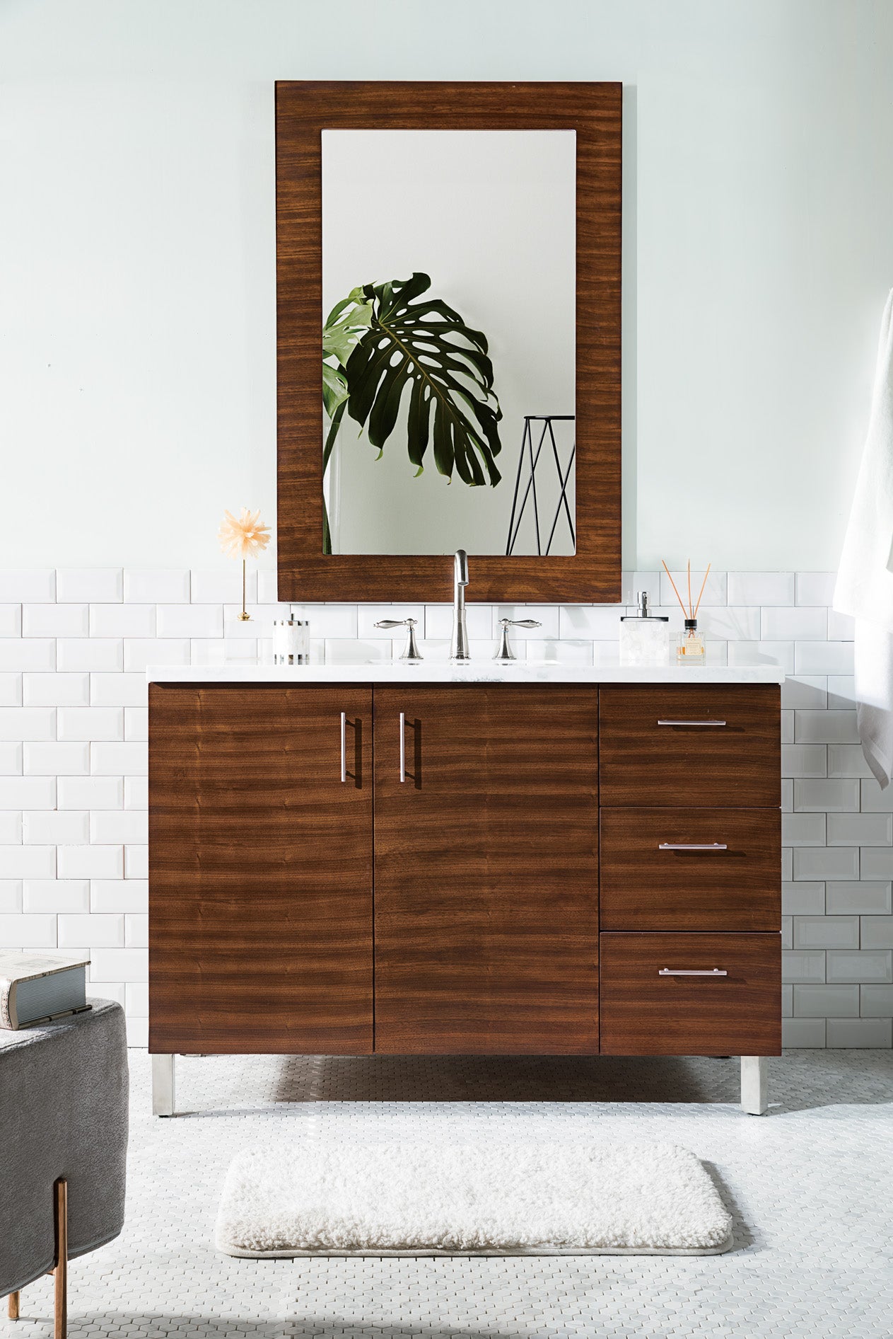 48 Inch American Walnut Single Bathroom Vanity with 3CM Arctic Fall Solid Surface Countertop | Modern Farmhouse Style for Master Bath & Powder Room