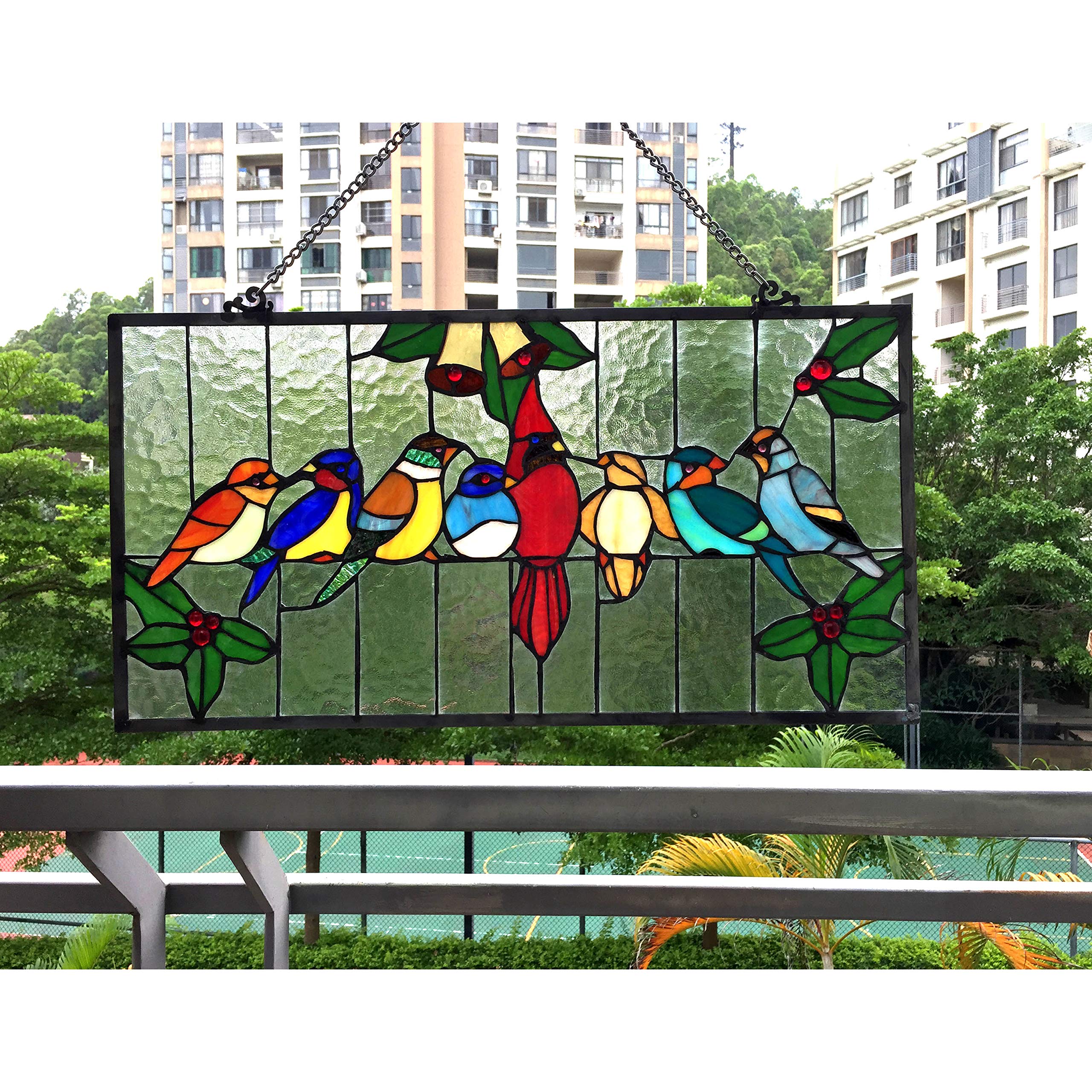 Tiffany Glass Stained Window Panel - Handcrafted Birds Design 24.5x12.5 Inches - Perfect for Home Decor, Church Windows & Gift Giving