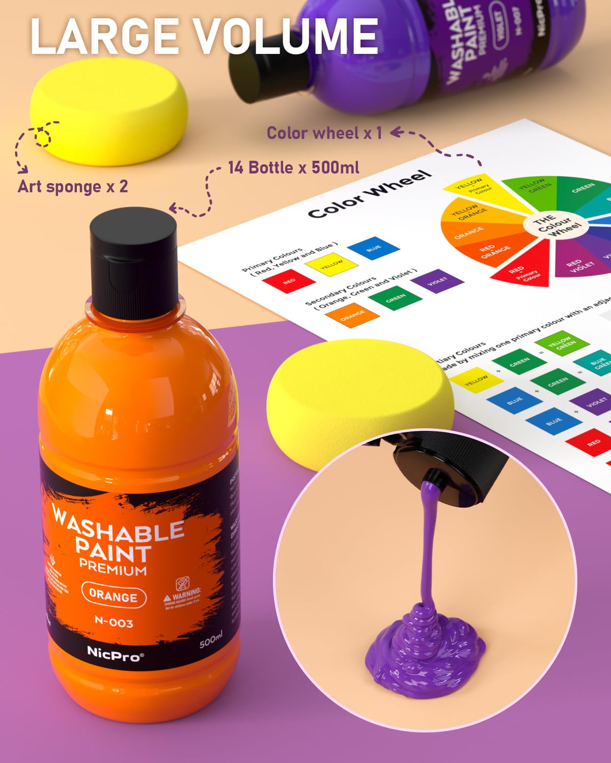 Nicpro 14-Color Washable Acrylic Paint Set for Kids (16.9oz/500ml) - Non-Toxic Bulk Tempera Paints for Art, Crafts, DIY Projects, Posters & Finger Painting - Perfect for School, Classroom, Birthday Parties & Home Art Activities