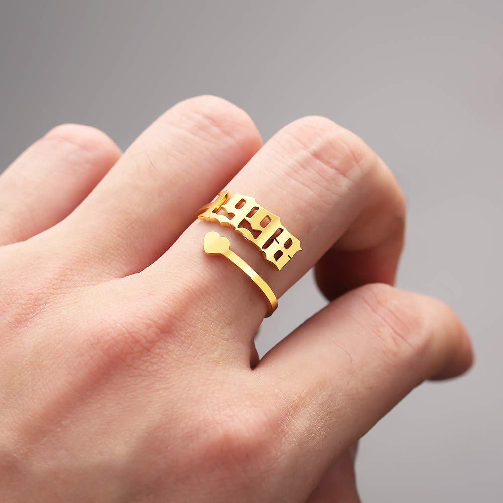 SKQIR Adjustable Initial Number Birth Year Ring for Women - Gold/Silver Stainless Steel Open Promise Ring, Engagement Wedding Band, Delicate Jewelry Gift for Girlfriend - Perfect for Anniversaries, Birthdays & Special Occasions