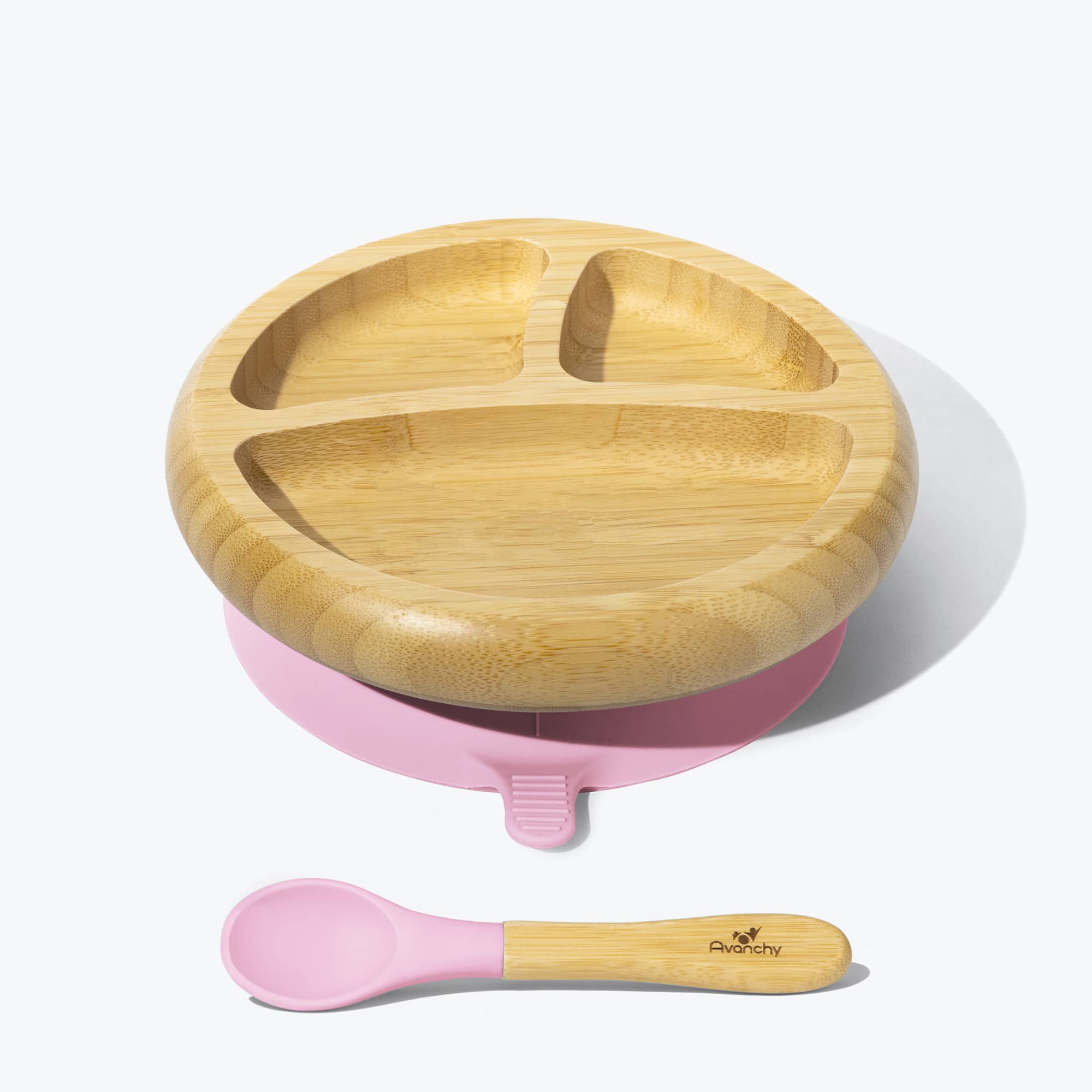 Avanchy Bamboo Suction Baby Plate & Spoon Set - Eco-Friendly, Non-Slip, BPA-Free for Toddlers - Perfect for Mealtime, Travel, and Daycare Use (Pink)