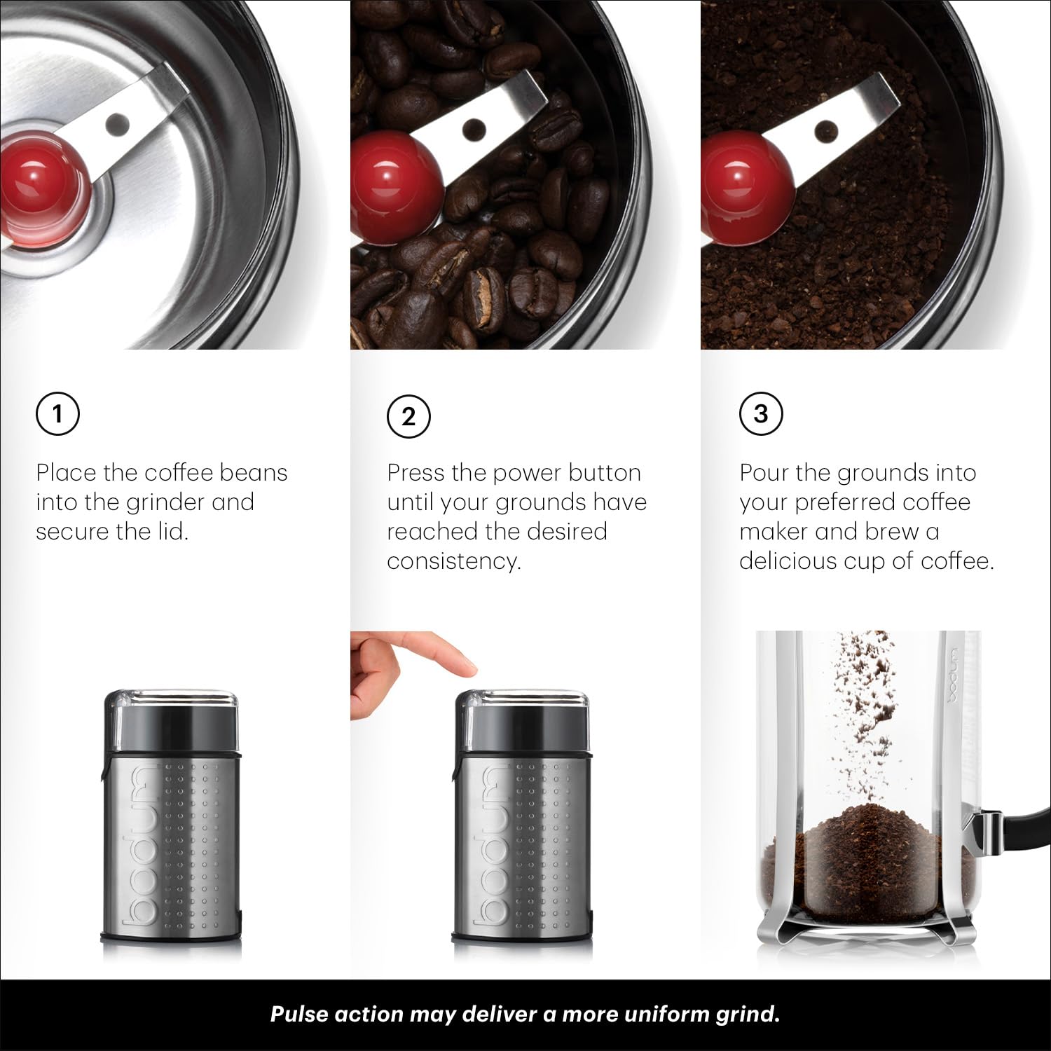 Bodum Bistro Electric Coffee Grinder - Stainless Steel Blade, Matte Chrome Finish, Compact & Quiet Design for Fresh Ground Coffee - Perfect for Home, Office, or Travel Use