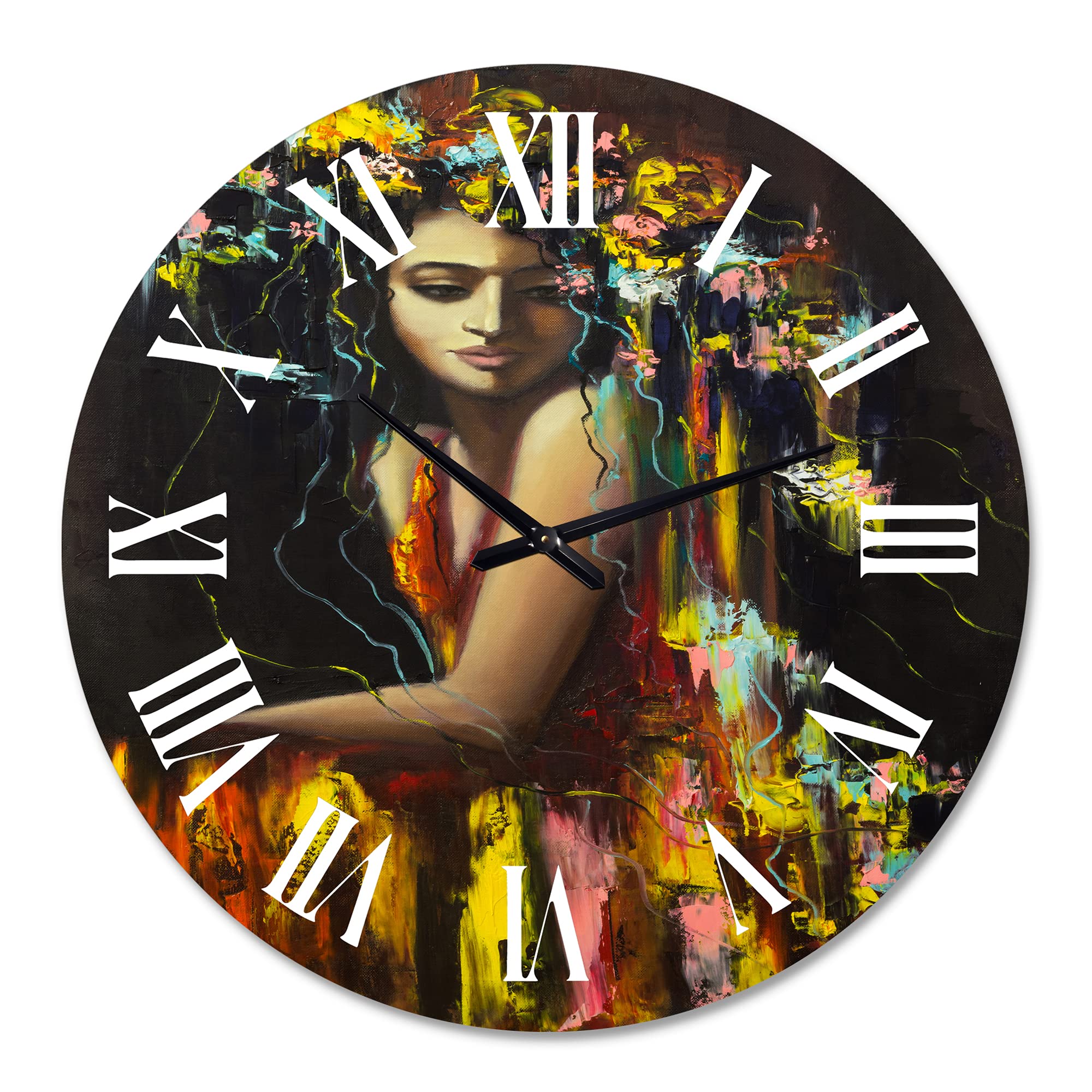 DesignQ Modern Wall Clock - Large 'Portrait of a Young Woman' Art Decor for Living Room, Bedroom & Office | Silent Non-Ticking Battery Operated Wall Clock