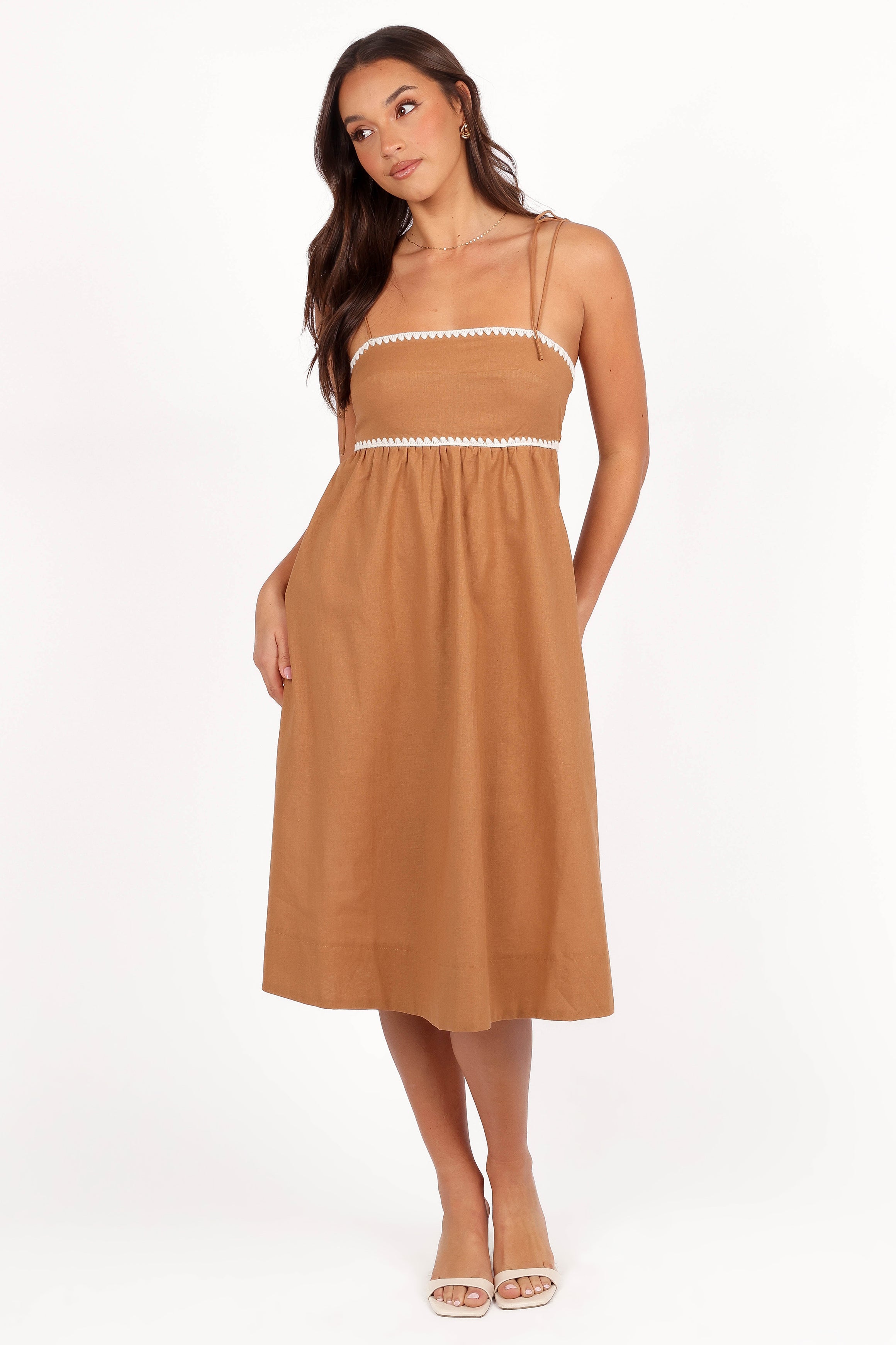 Linen Contrast Trim Midi Dress in Tan & White - Perfect for Summer Weddings & Beach Vacations