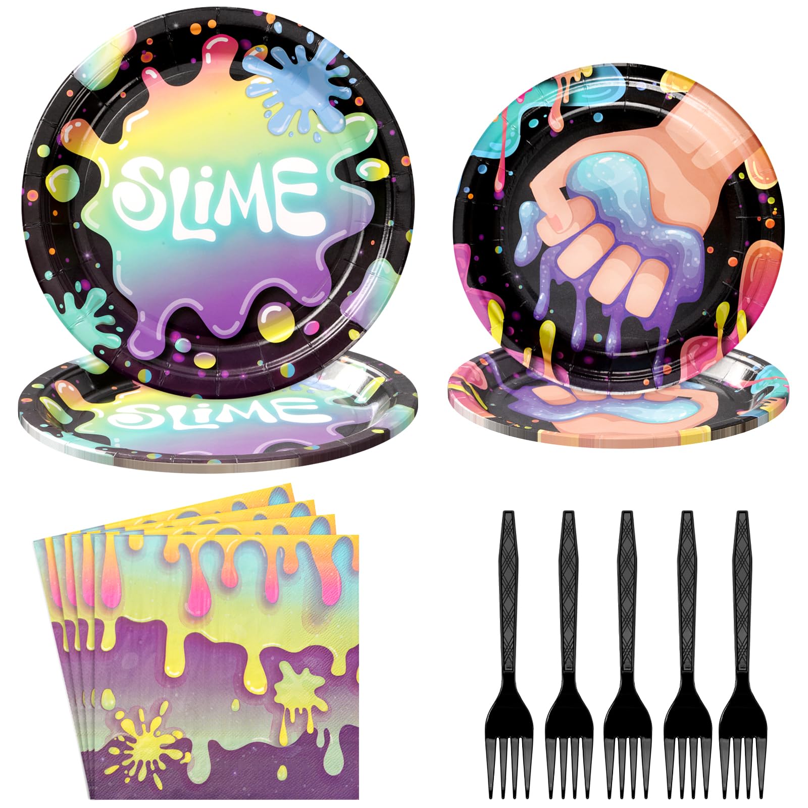 96Pcs Slime Party Supplies Kit - Glitter Slime Splatter Birthday Plates, Napkins, Forks & Tableware Set for Boys & Girls - Colorful Slime Theme Party Decorations - Perfect for Birthday Celebrations, DIY Slime Making & Fun Kids Activities - Serves 24 Guests