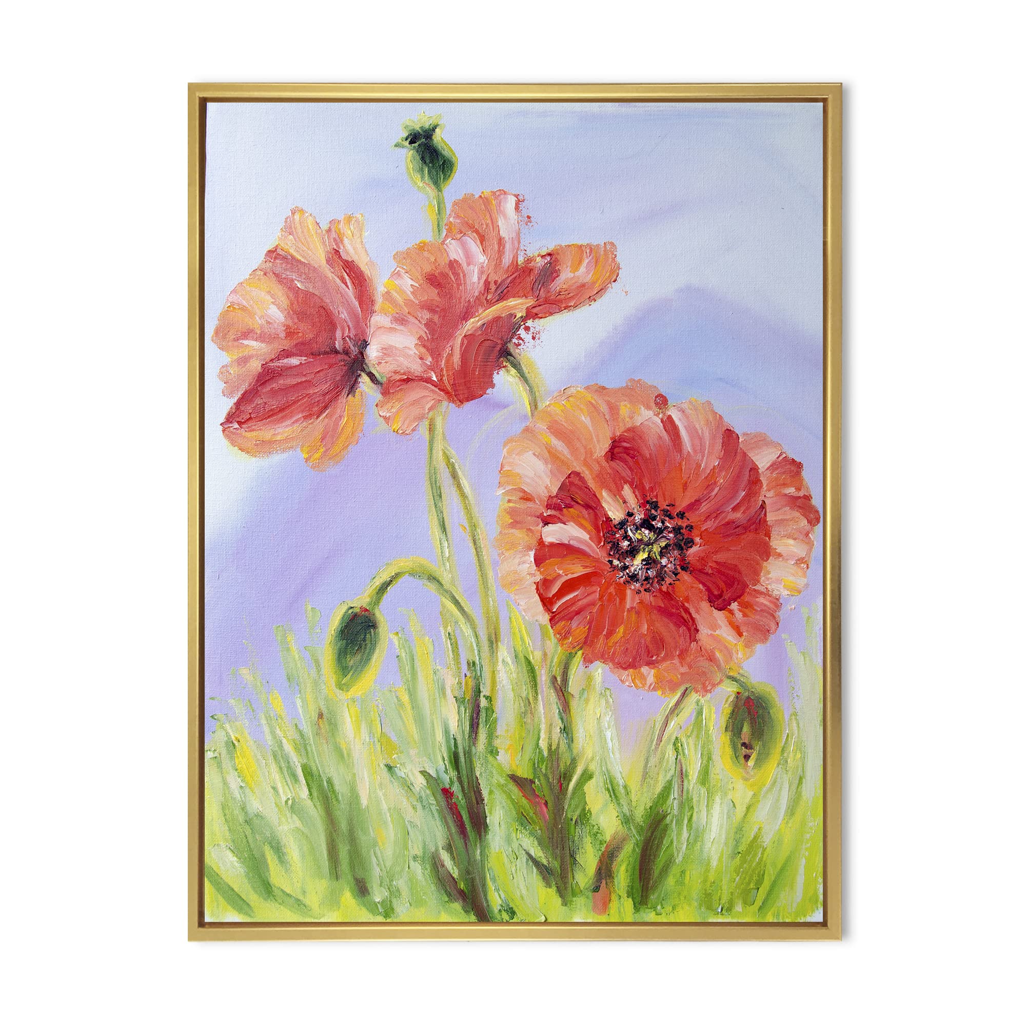 DesignQ Blossoming Poppies In The Morning IV - Traditional Framed Canvas Wall Art Print - Home & Office Decor, Living Room, Bedroom Wall Hanging