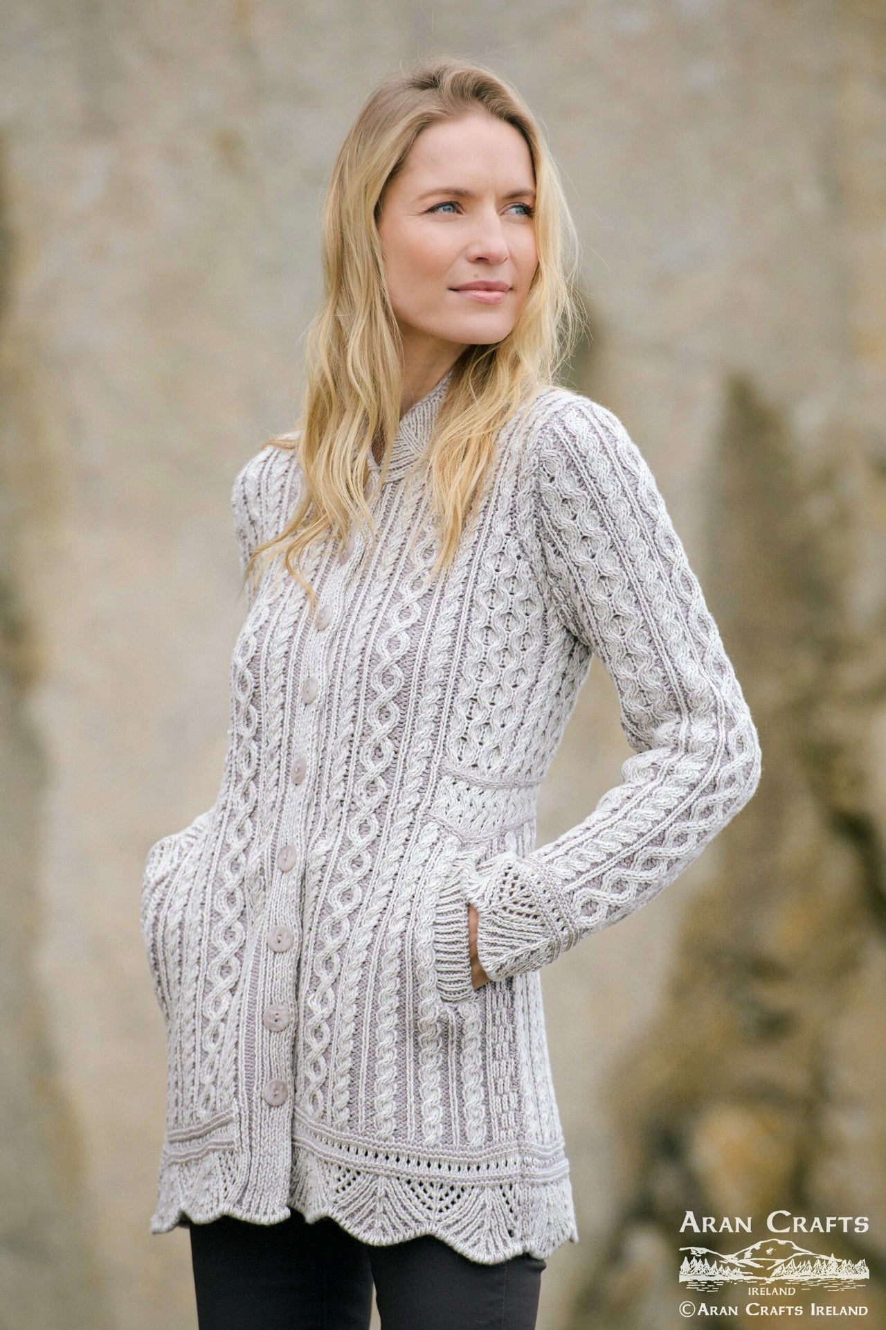 Fermanagh Plated Scallop Cardigan for Women - Soft Knit Sweater with Shell Edge Detail [Beige, Navy Blue] | Perfect for Office Wear, Date Nights & Fall Layering