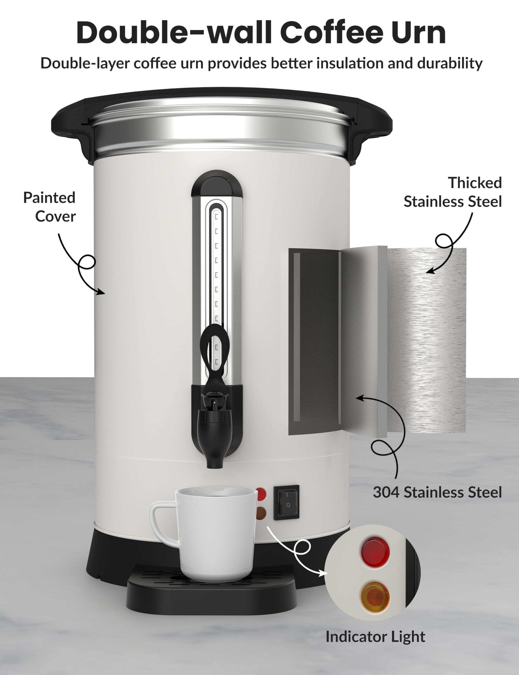 120 Cups (18L/4.8 Gallon) Commercial Coffee Maker - Stainless Steel Double Wall Insulated Coffee Urn - Large Capacity Hot Water Dispenser for Buffet Catering, Weddings, Meetings & Office Events - Perfect for Restaurants, Hotels & Catering Services