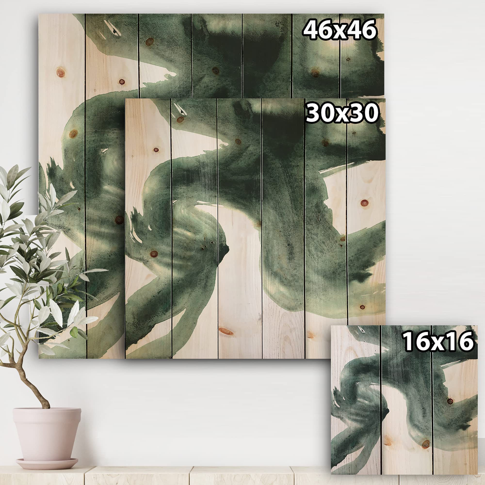 Modern Green Abstract Wood Wall Art - Gouache Green on Gray II Contemporary Pine Wood Decor Panel | Large Handmade Wooden Wall Hanging for Living Room, Bedroom & Office Decor