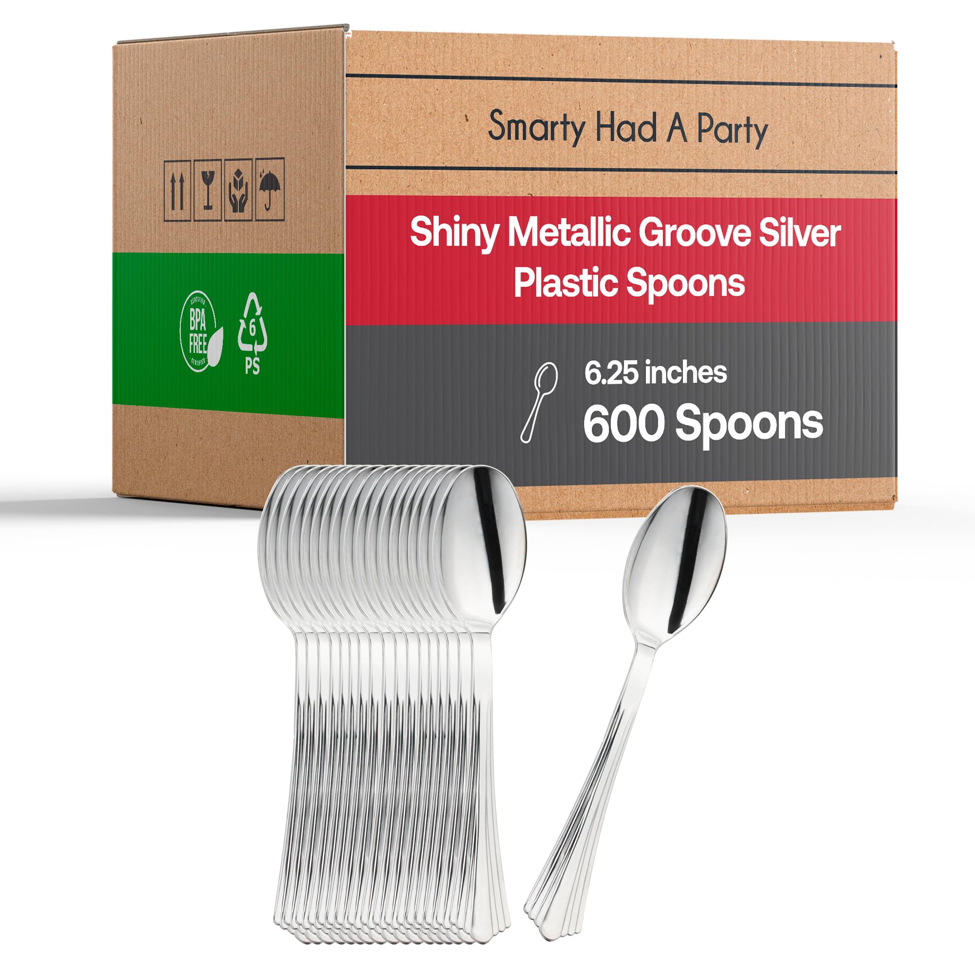 6.25 Inch Shiny Metallic Silver Plastic Spoons - Pack of 600, Heavy Duty BPA-Free Disposable Cutlery for Weddings, Parties, Catering & Events | Durable Recyclable Bulk Silverware for Desserts, Soups, Ice Cream & Buffet Serving