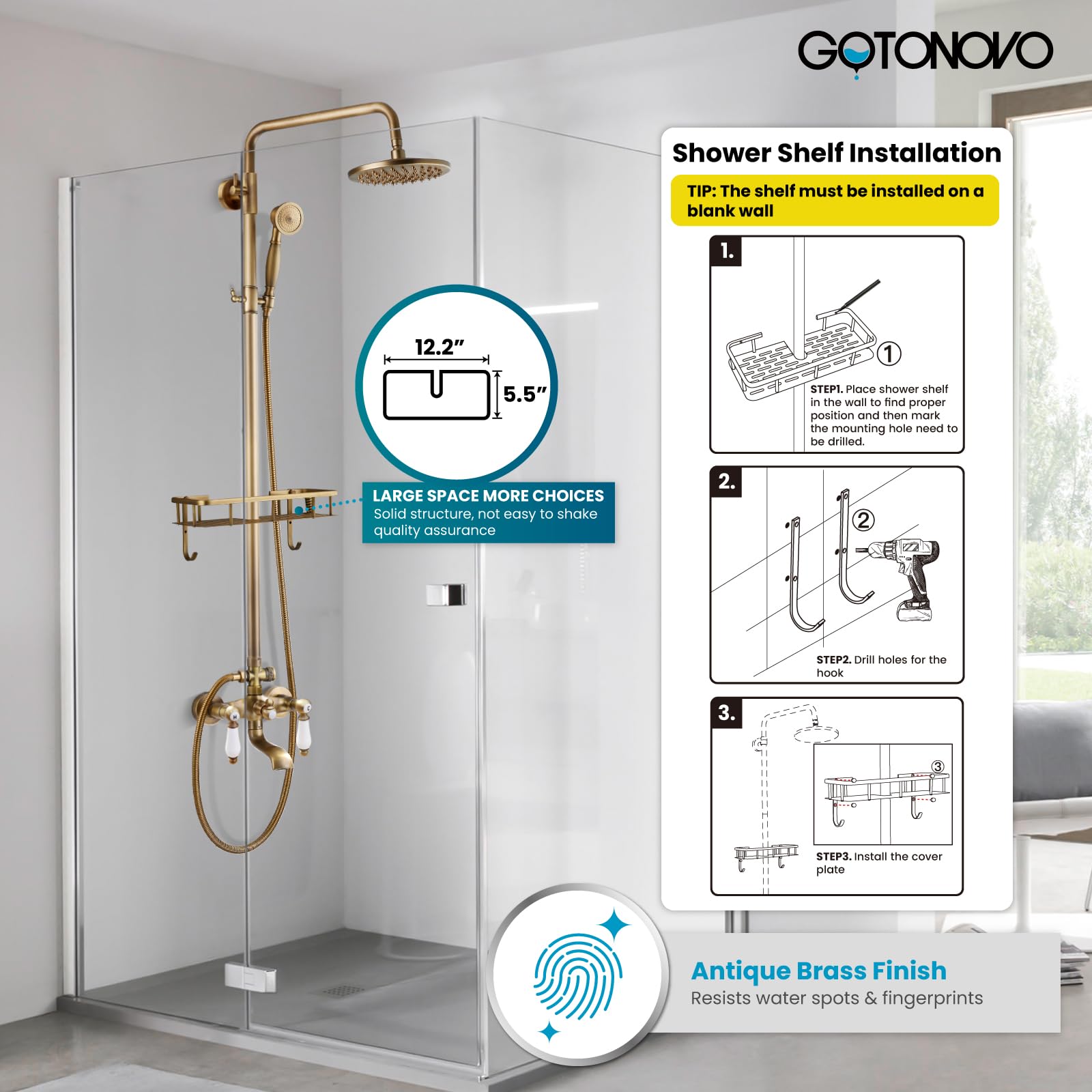 Gotonovo 8 Inch Rainfall Shower System - Antique Brass Wall Mounted Tub Shower Faucet Set with Handheld Sprayer, Shower Shelf & Tub Spout | Modern Bathroom Upgrade for Spa-Like Experience