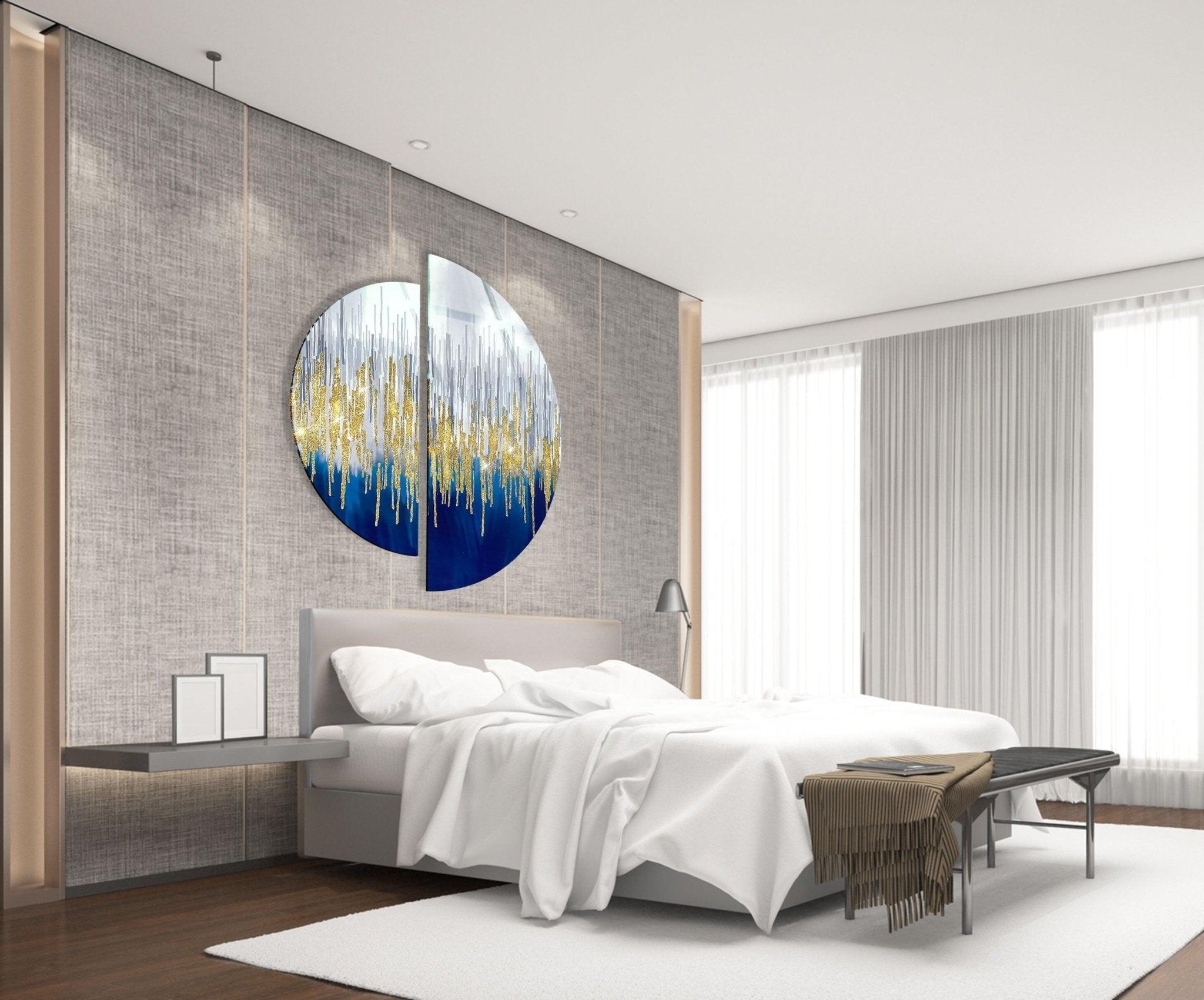 2 Piece Gold & Blue Abstract Glass Wall Art Set - Modern Home Decor for Living Room, Bedroom & Office - Handmade Glass Panel Artwork for Unique Interior Design