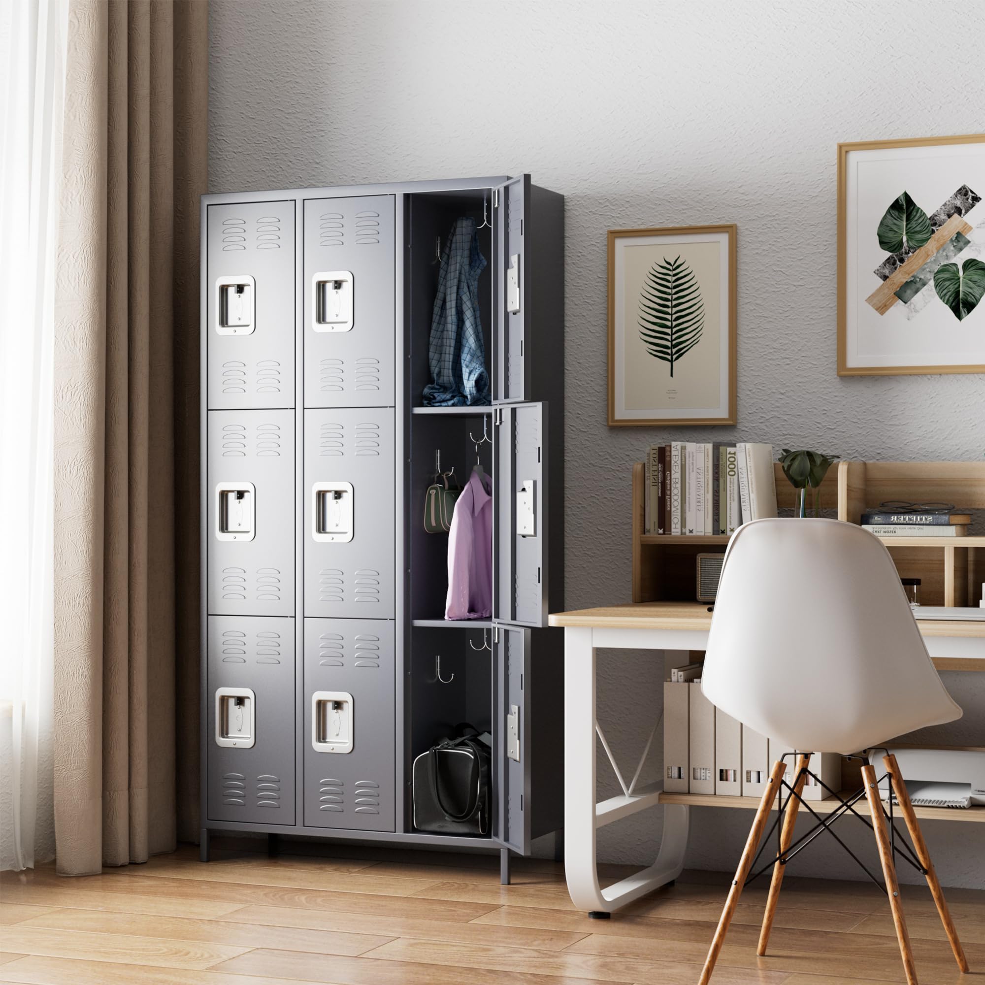 Heavy Duty 9-Door Metal Locker with Lock - Steel Storage Cabinet for Office, School, Gym & Bedroom - Includes 18 Hooks - Easy Assembly Required (Dark Grey) - Perfect for Employee Storage, Sports Equipment & Personal Belongings Organization