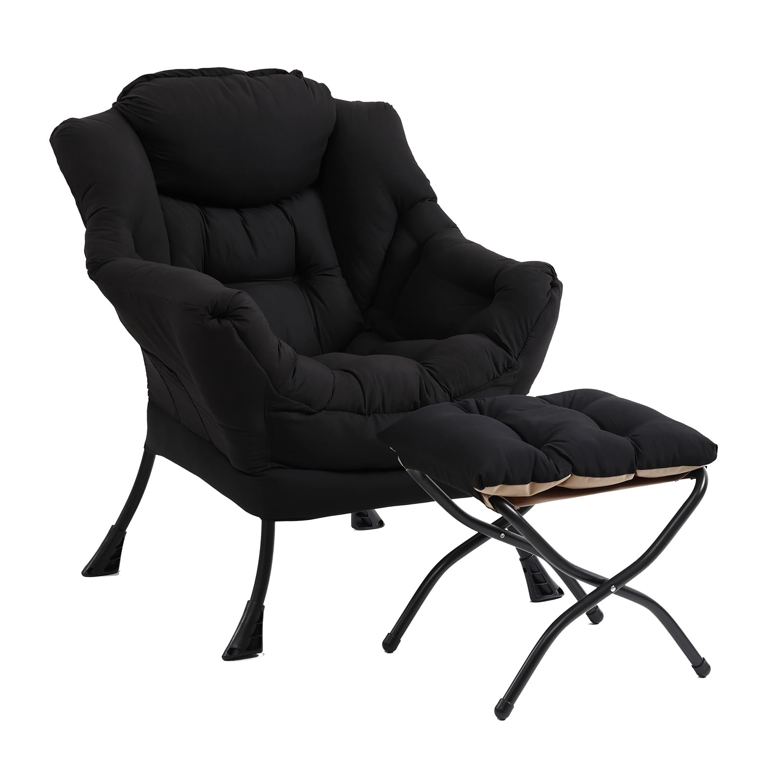 Modern Lazy Chair with Ottoman - Folding Footrest Lounge Accent Chair for Living Room - Comfortable Reading Recliner Chair (Black) - Perfect for Relaxing, Napping & Home Office Use
