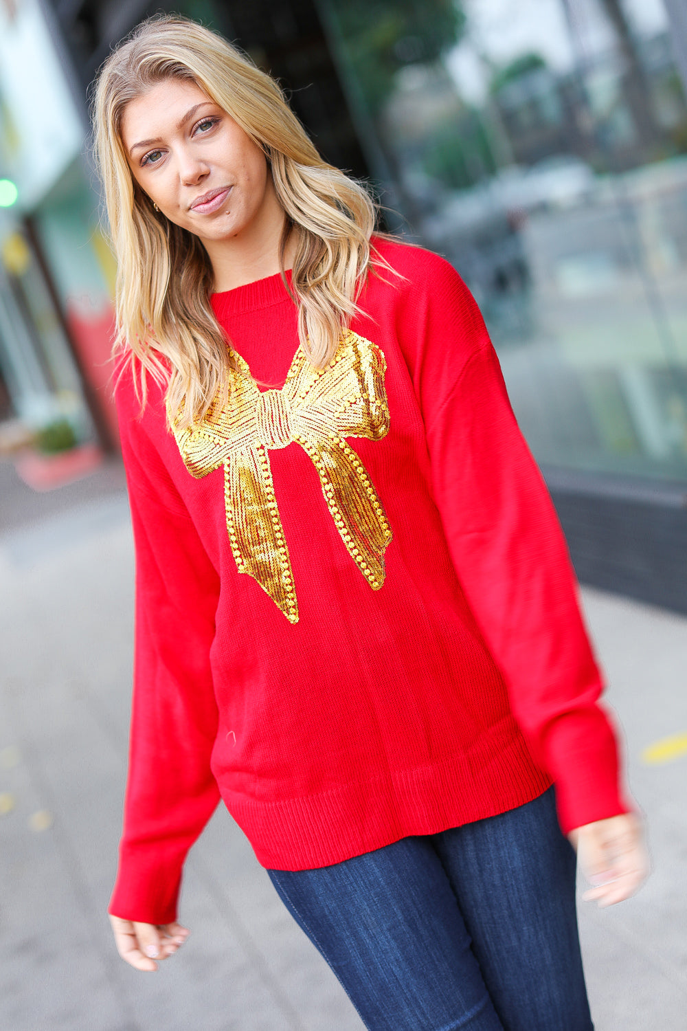 All I Want Red Sequin Bow Embroidery Knit Sweater | Women's Christmas Party Holiday Pullover | Perfect for Festive Gatherings & Winter Celebrations