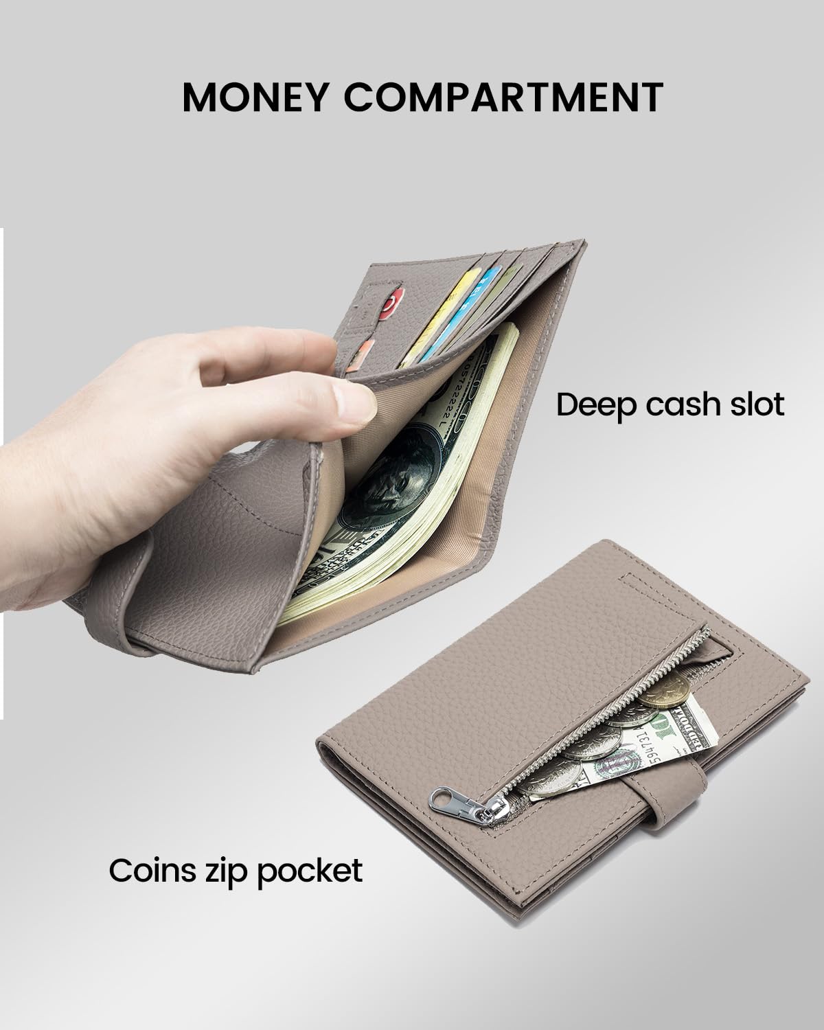 RFID Blocking Passport Holder for Women - Slim Leather Travel Wallet with Card Slots, SIM Holder, Zippered Coin Pocket & Cash Compartment | Perfect for Airports, Vacations & International Trips (Elephant Grey)