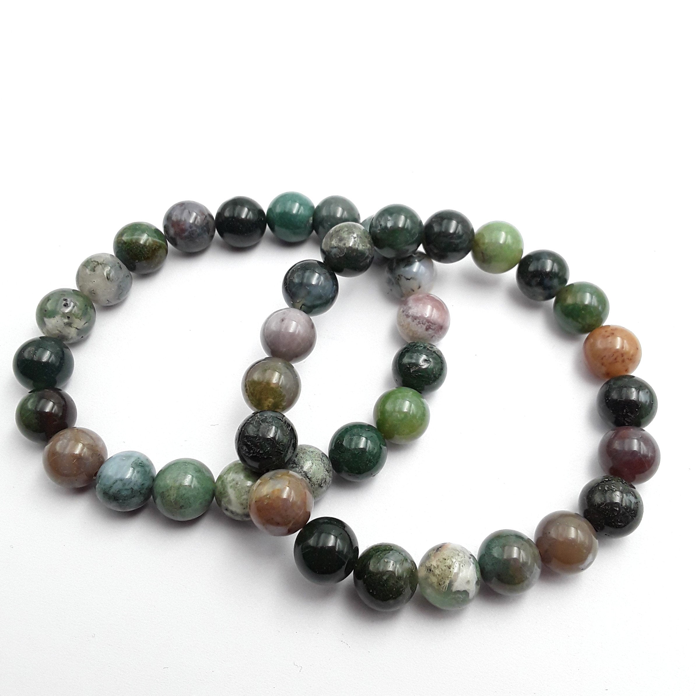 Natural Indian Agate Beaded Bracelet - Smooth Round 8mm, 10mm Stones - 7.5 Inch Adjustable Length - Healing Crystal Jewelry for Meditation, Yoga & Spiritual Balance