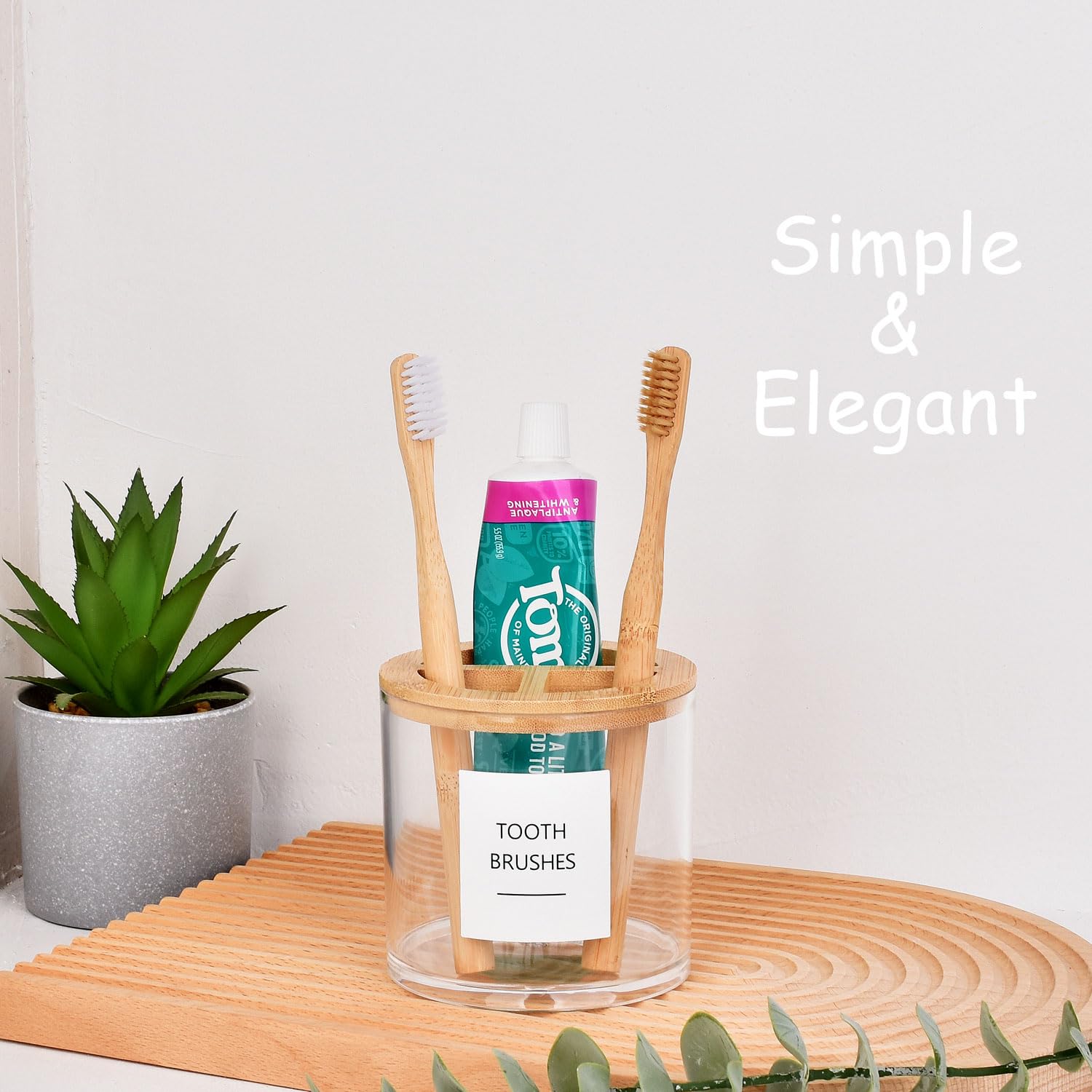 Clear Plastic Toothbrush Holder with Bamboo Lid - Bathroom Organizer Stand for Vanity Countertops (1 Pack) | Perfect for Modern Bathroom Decor & Toothbrush Storage
