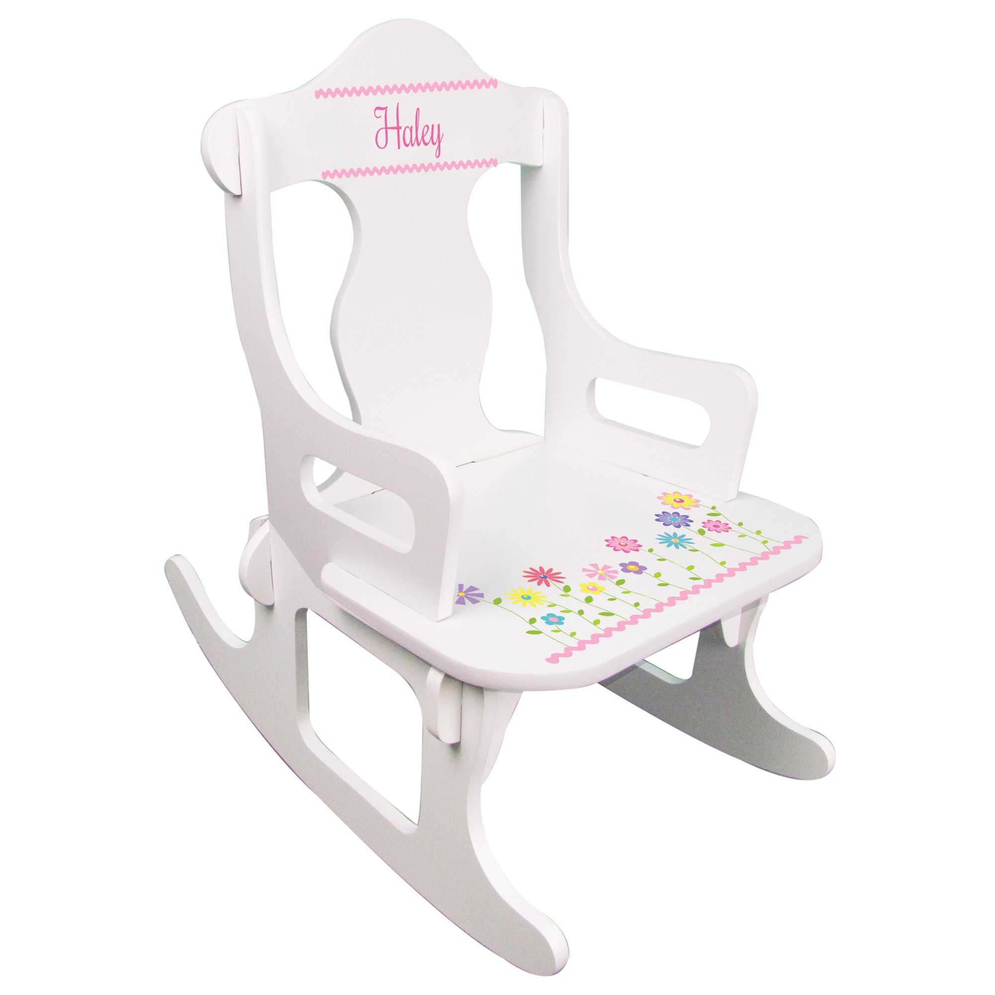 Personalized Wooden Rocking Chair for Kids - Custom Name Puzzle Chair with Stemmed Flower Design - Perfect for Nursery, Playroom & Gift Giving