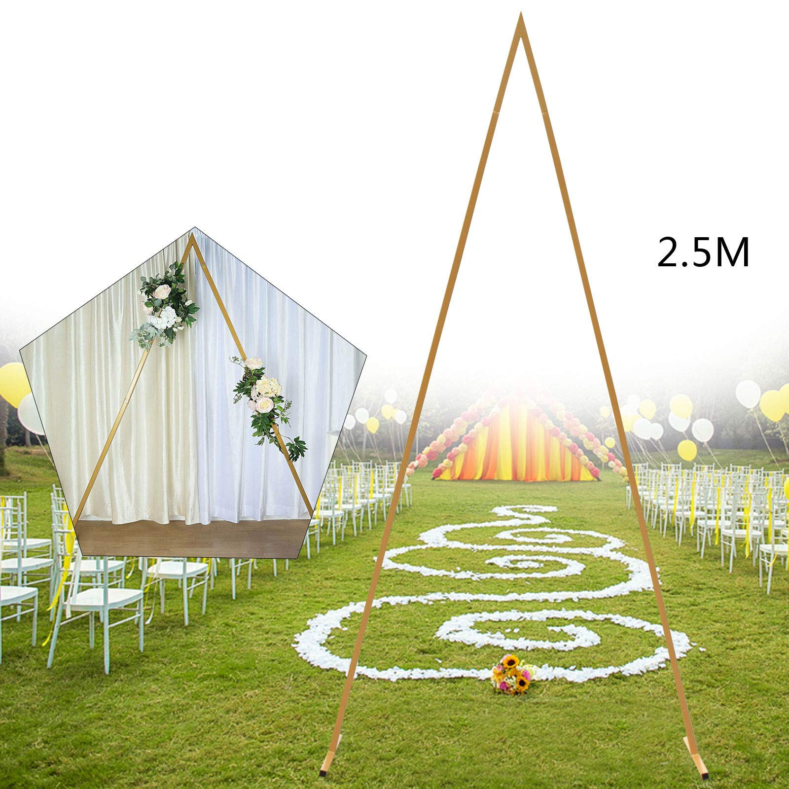 LOYALHEARTDY 8FT Gold Metal Triangle Wedding Arch Stand - Modern Geometric Wedding Backdrop for Outdoor Ceremonies, Garden Parties & Photo Shoots - Durable Lawn Decoration for Wedding Aisle & Reception Entrance
