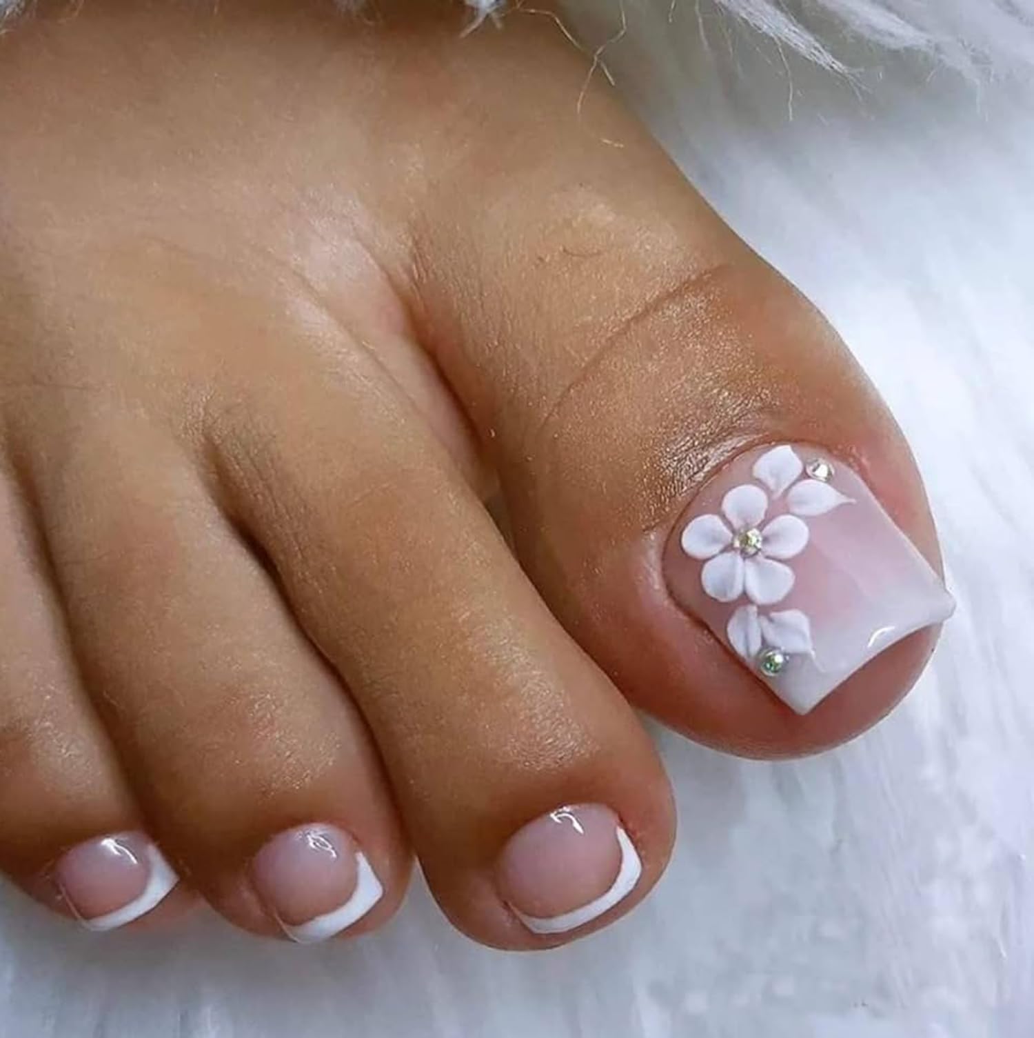 24 Pcs Short Square French Tip Press On Toenails with Floral Accents - Pink Gradient Fake Toenails Kit for Women | Easy Glue-On Application | Perfect for Pedicures, Summer Sandals & Special Occasions
