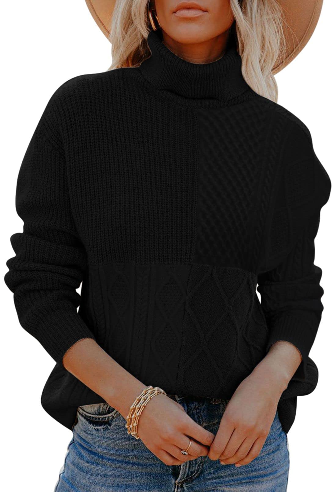 Linsery Women's Oversized Color Block Cable Knit Turtleneck Sweater - Long Sleeve Pullover Jumper Top for Fall Winter Fashion, Office Wear & Casual Outfits