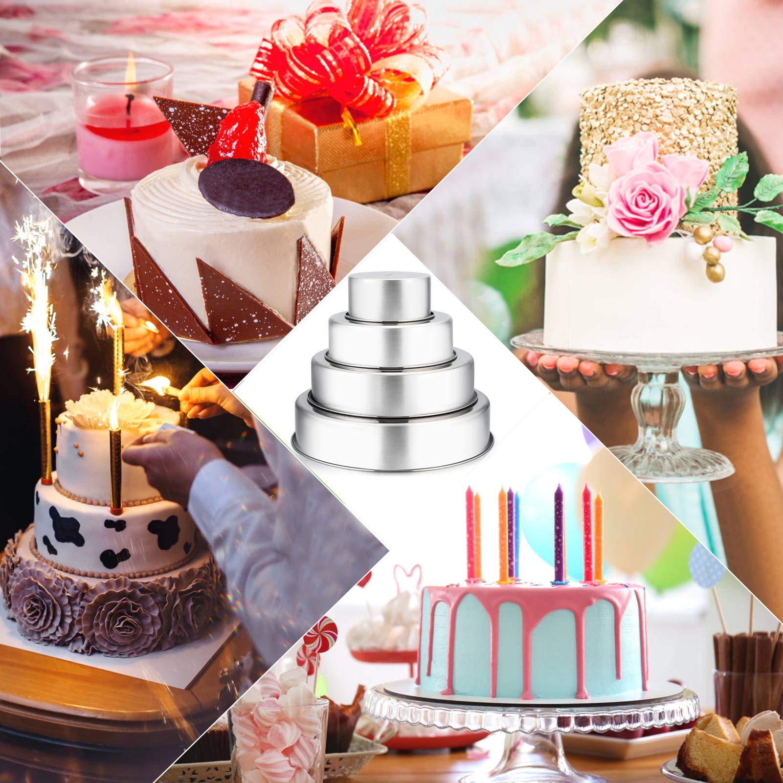 TeamFar Stainless Steel Round Cake Pan Set (4'', 6'', 8'', 9.5'') - Heavy Duty Tiered Baking Pans for Cakes, Steaming & Serving | Oven & Dishwasher Safe | Perfect for Birthday Cakes, Wedding Cakes & Home Baking (Set of 4)