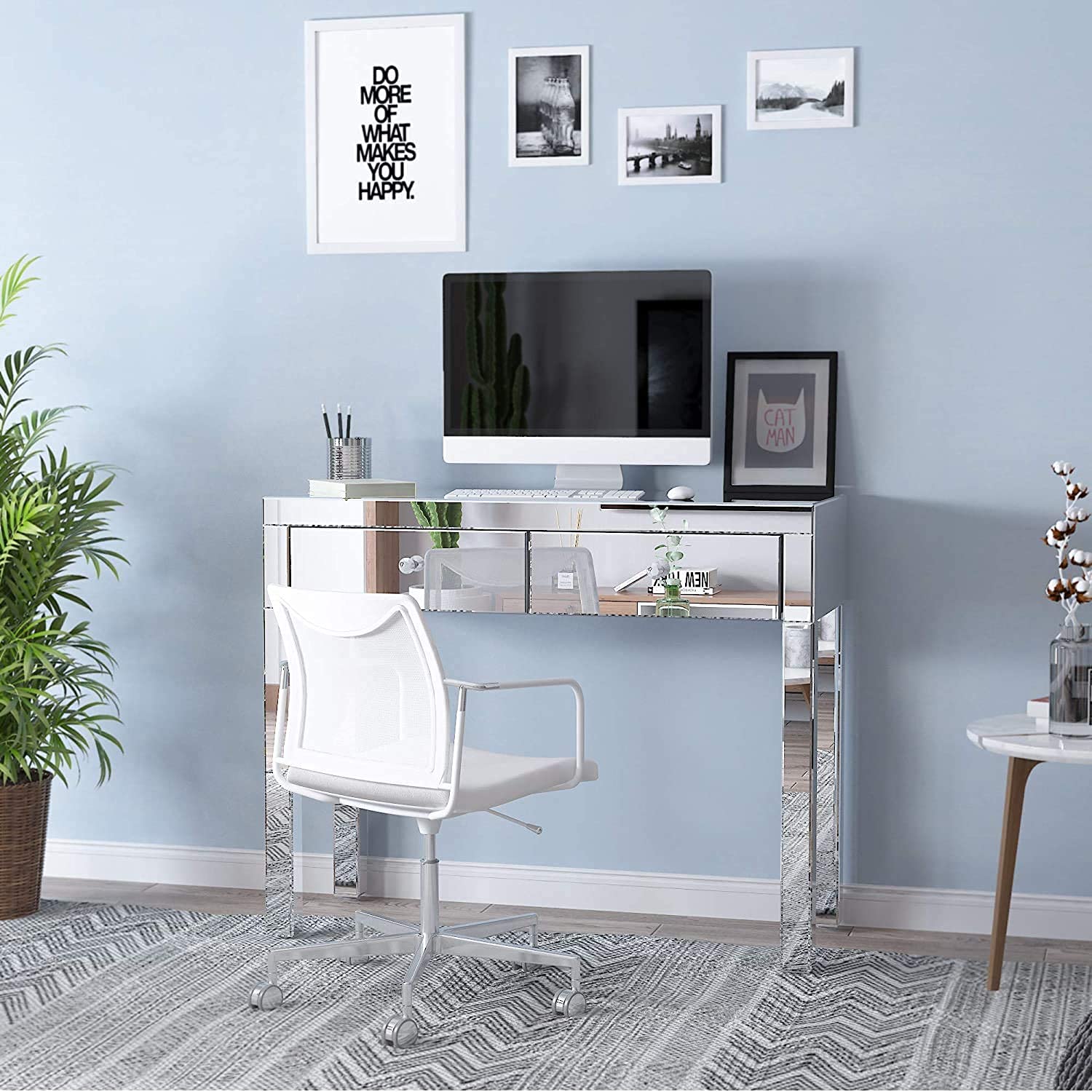 Modern Silver Mirror Writing Computer Desk with 2 Drawers - Sturdy Home Office Workstation for Study, Gaming & Remote Work - Space-Saving Design for Small Rooms & Apartments
