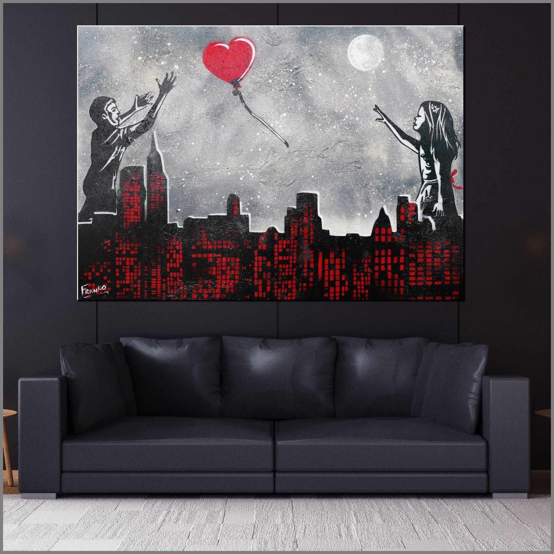 Captured Heart 140cm x 100cm Grey Urban Pop Art Canvas Painting - Perfect for Modern Living Room, Bedroom & Office Wall Decor