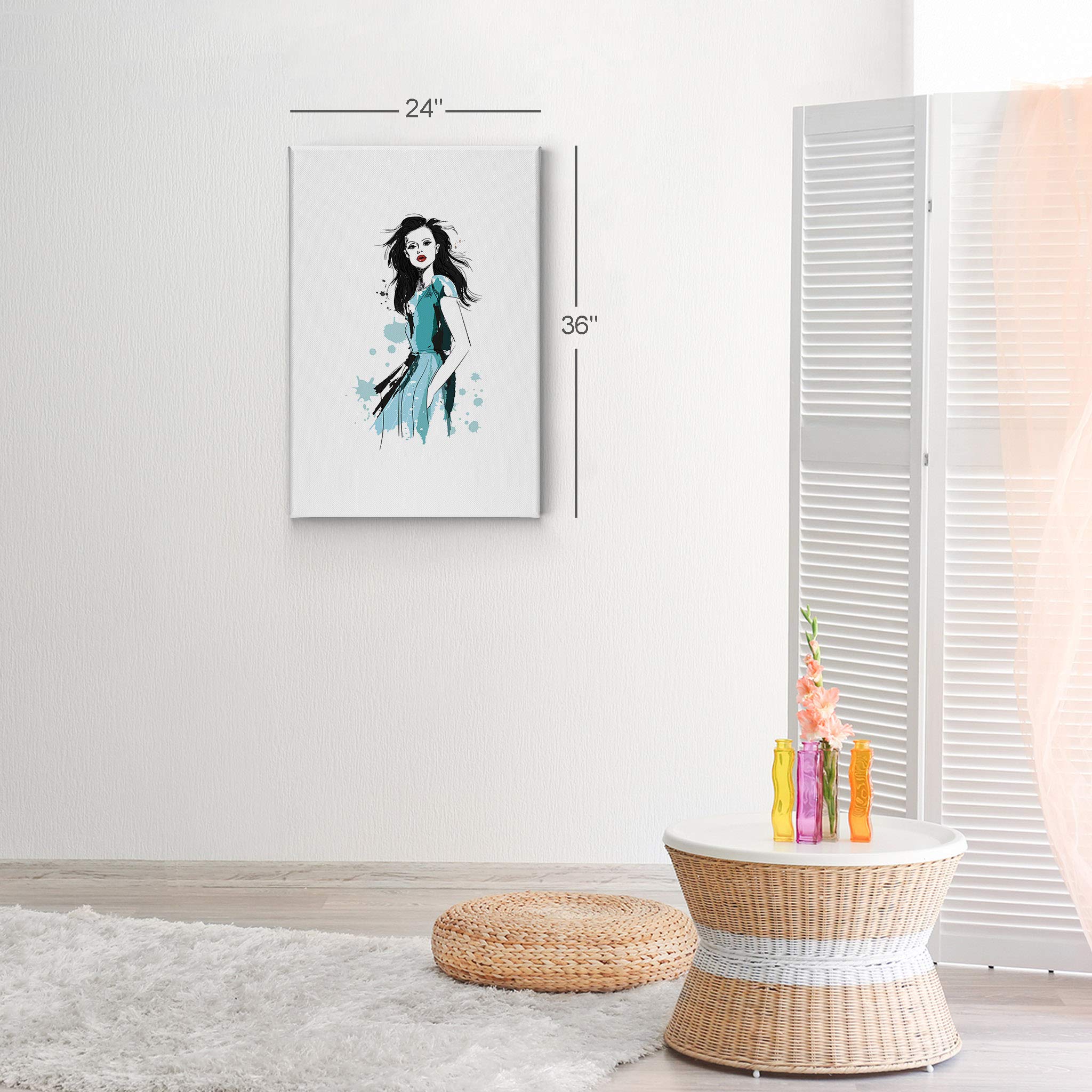 Cool Black Haired Woman in Blue Dress & Red Lips Glam Fashion Canvas Wall Art Print - Modern Home & Office Decor for Living Room, Bedroom, Bathroom, Dorm - Ready to Hang 40x30 Inches - Perfect for Women's Spaces & Gift Giving