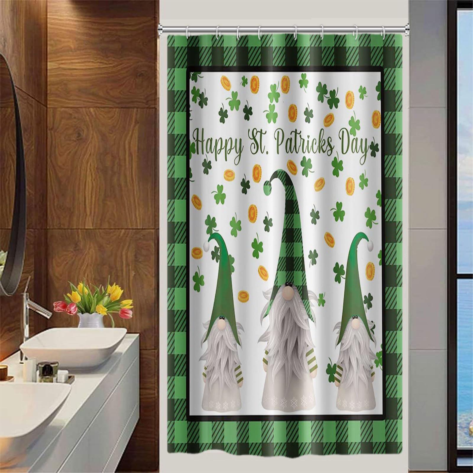 Yeele St. Patrick's Day Shower Curtain - Green Buffalo Plaid Bathroom Decor with Funny Gnome Design, Waterproof Polyester Fabric (48x72 Inches) - Perfect for Irish-Themed Bathrooms, Holiday Parties & Festive Home Decor