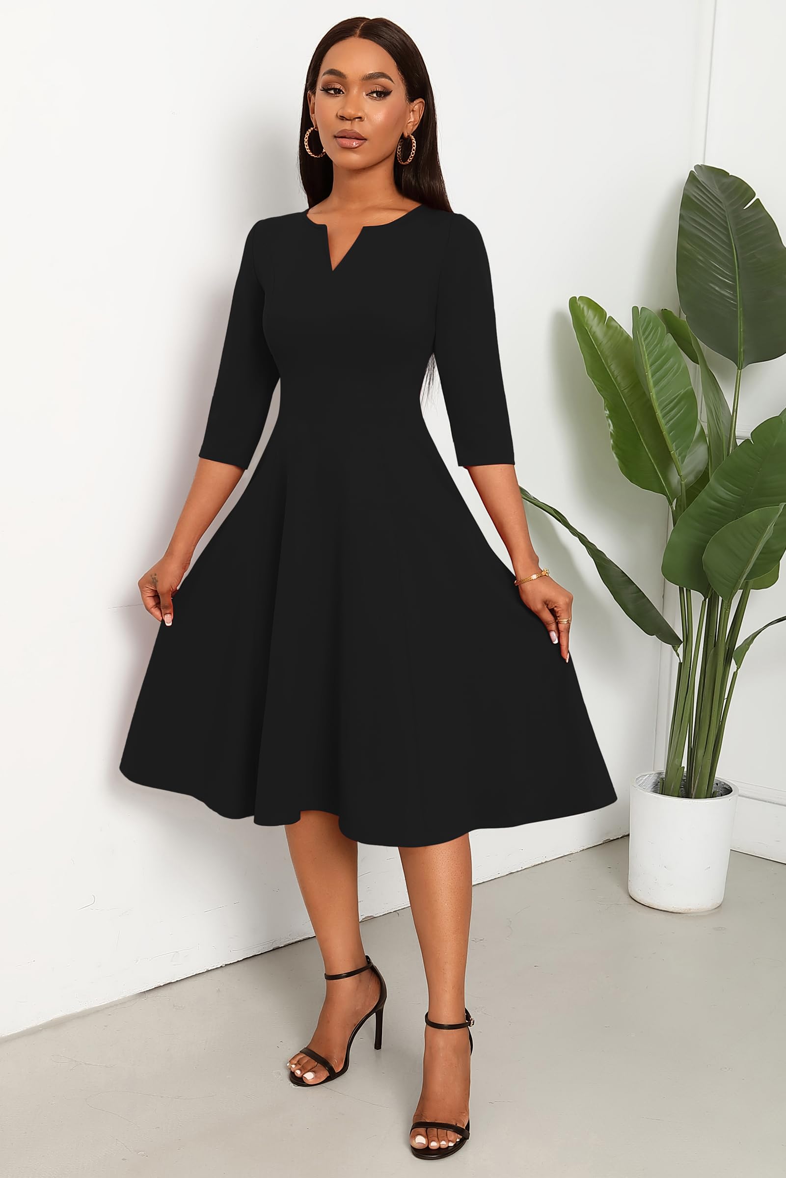 Nmoder Women's A-Line Midi Dress with 3/4 Sleeves & Pockets - Flattering Fit and Flare Cocktail Dress for Wedding Guest, Office Work & Special Occasions
