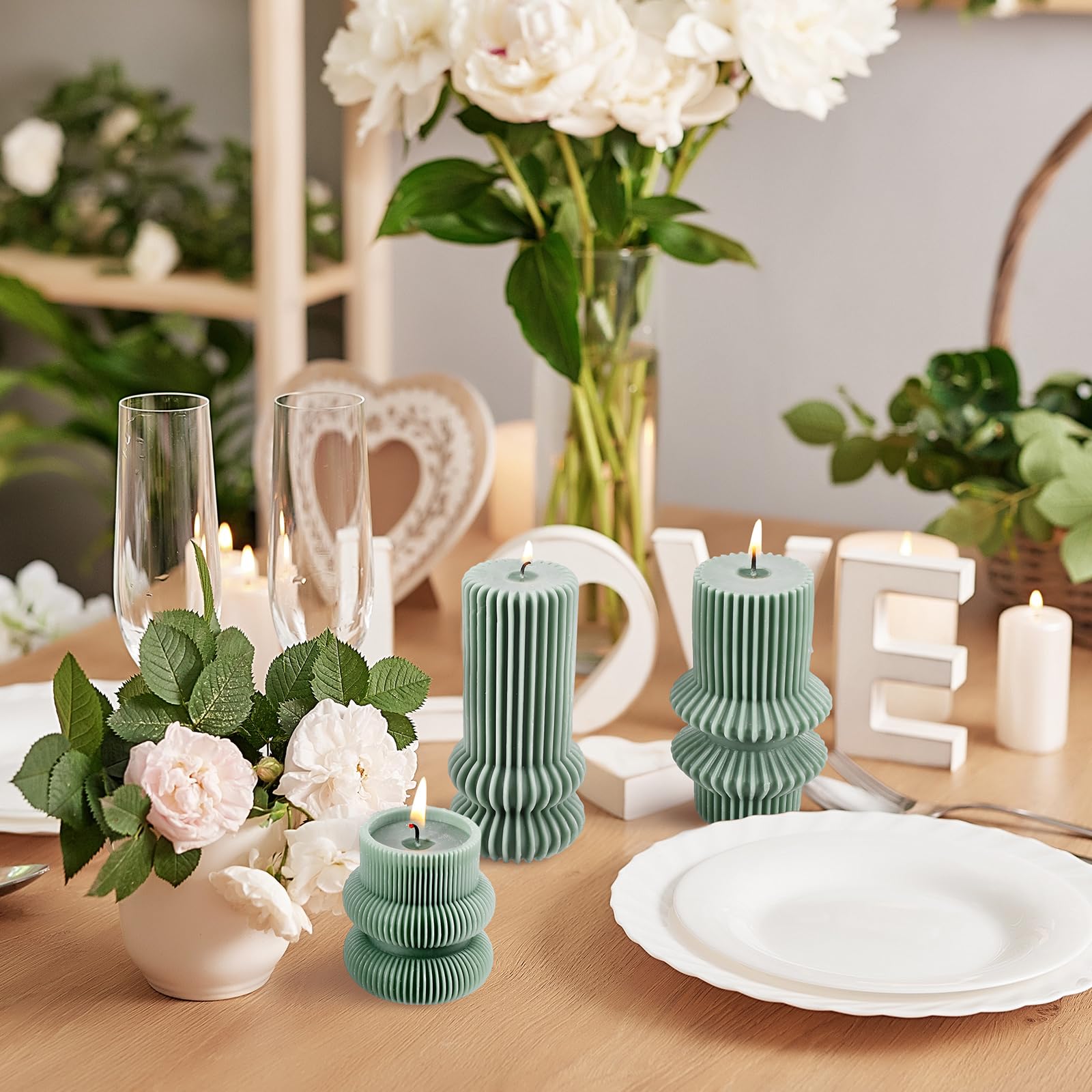 MTLEE 3-Pack Scented Soy Wax Pillar Candles - Ribbed Geometric Design, 4.7/4.2/3.2 Inch Height, Sage Scent - Modern Home Decor for Living Room, Bathroom, Wedding & Relaxation Aromatherapy