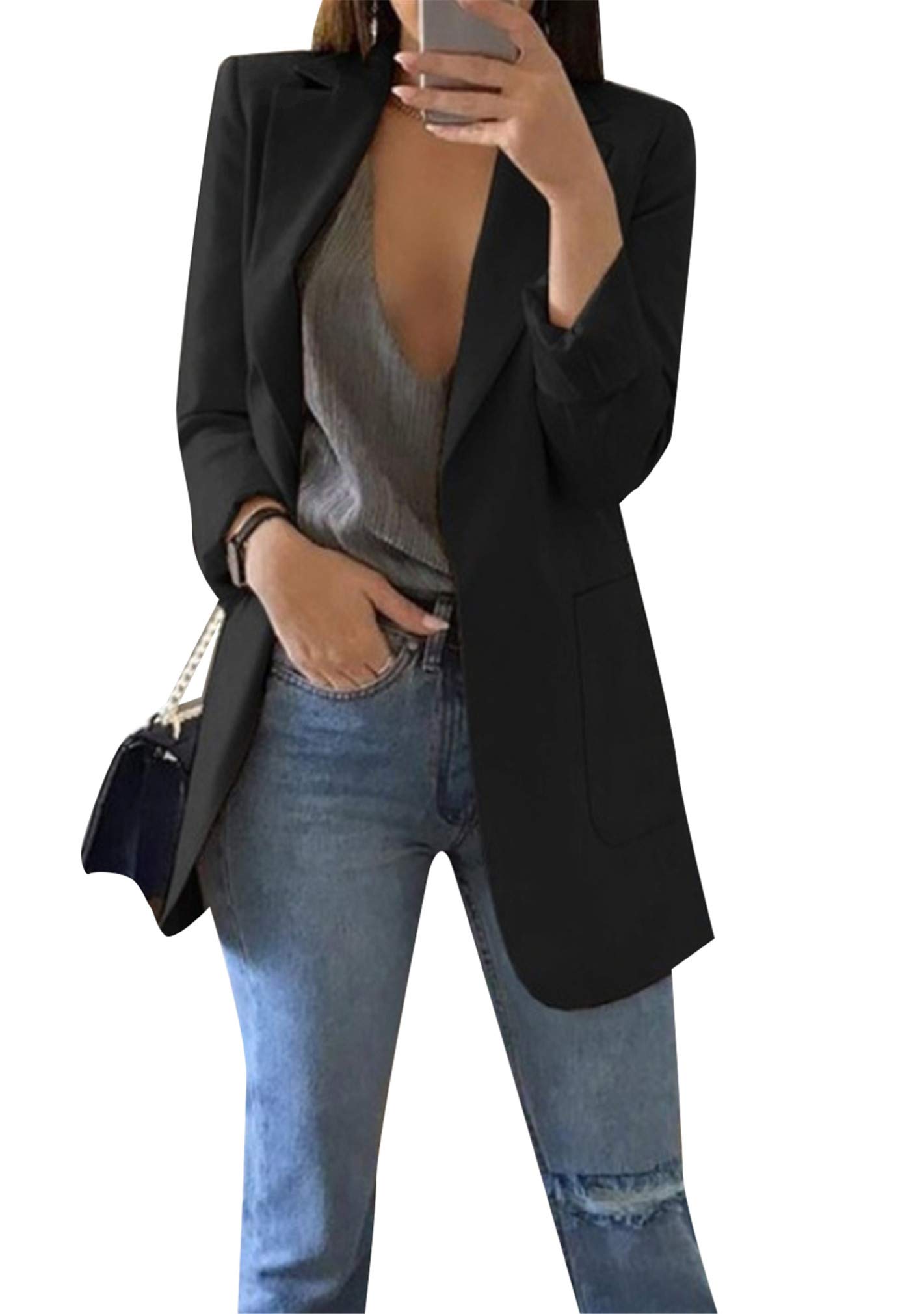 BOFETA Women's Solid Color Blazer Cardigan - Casual Long Sleeve Plus Size Jacket with Pockets for Office, Work, and Business Casual Outfits