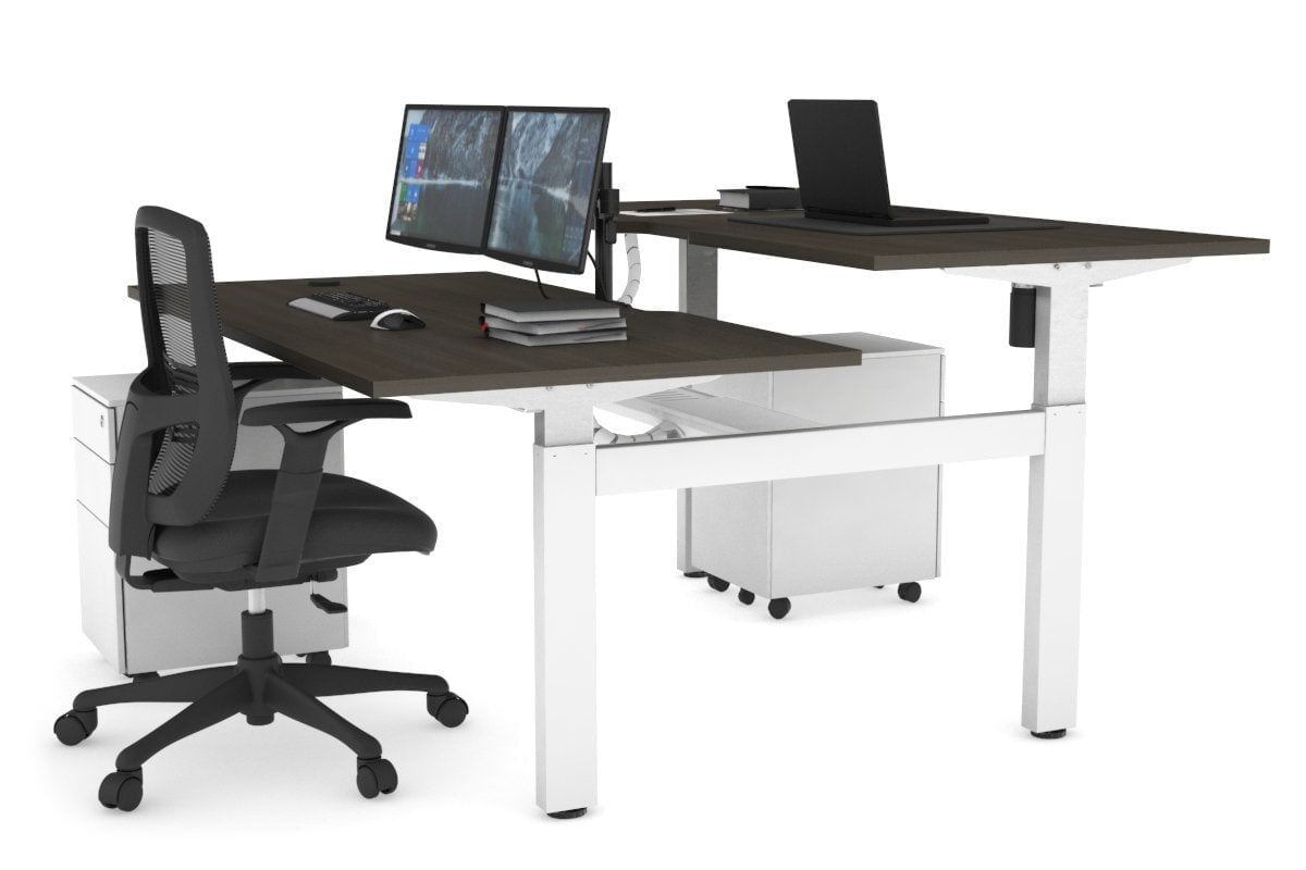 Adjustable Height 2-Person H Bench Workstation - White Frame (1400L x 800W) with Cable Management | Ergonomic Office Desk for Home & Workspace