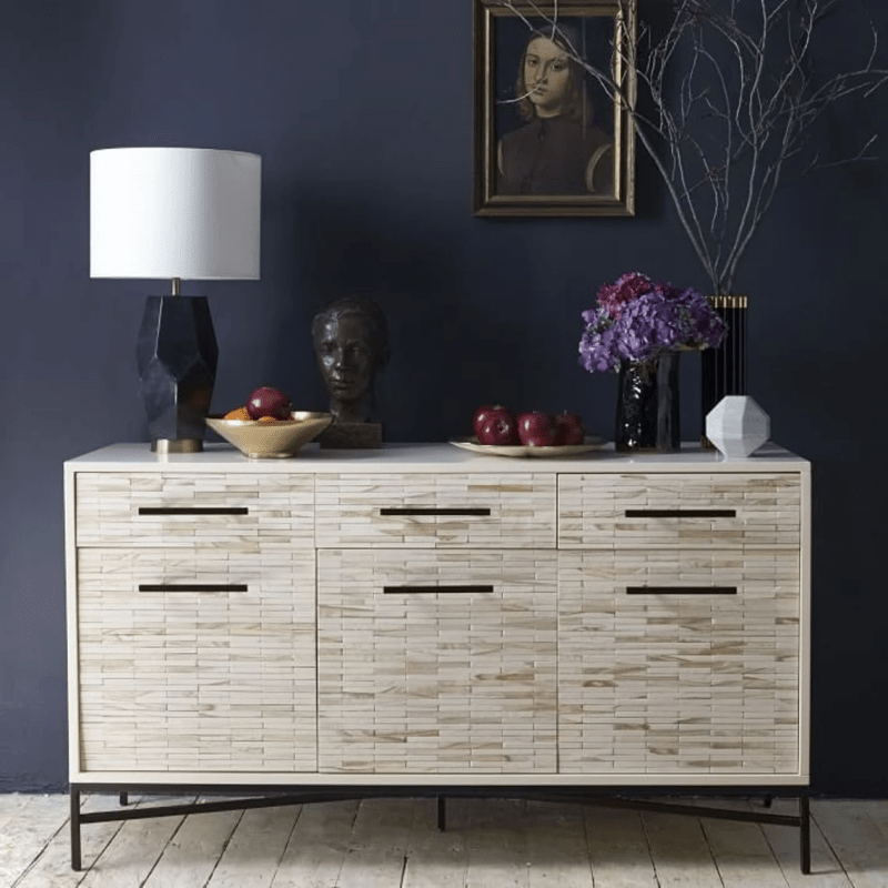Handmade Tiled Buffet Sideboard with Metal Base - Bone Inlay Sideboard Cabinet for Dining Room, Living Room & Entryway Storage | Perfect for Home Decor & Entertaining Guests