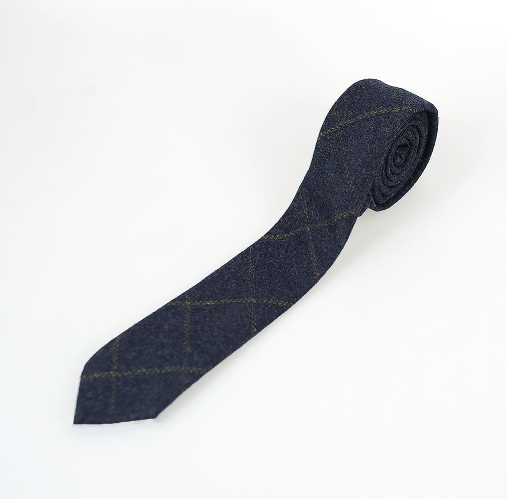 Cavani Kemson Navy Check Tweed Tie Set for Men - Classic Slim Necktie & Pocket Square Set | Perfect for Weddings, Business Meetings & Formal Events