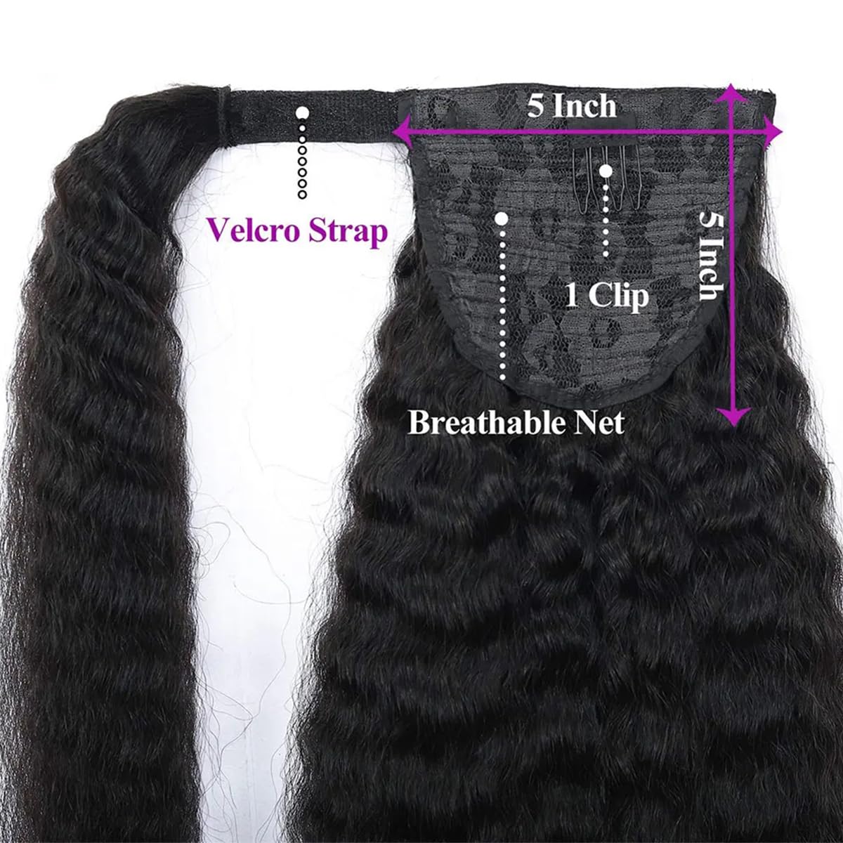 Wrap Around Long Kinky Straight Ponytail Hair Extensions - 26 Inch Clip-in Ponytail Human Hair Extensions for Women - Natural Black Yaki Straight Remy Hair - Perfect for Parties, Weddings & Everyday Styling